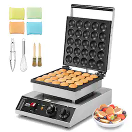 VEVOR - Mini Dutch Pancake Maker, 25PCS 43mm Diameter Dorayaki Baker Machine, 1700W Commercial Electric Poffertjes Grill - Silver;Black
