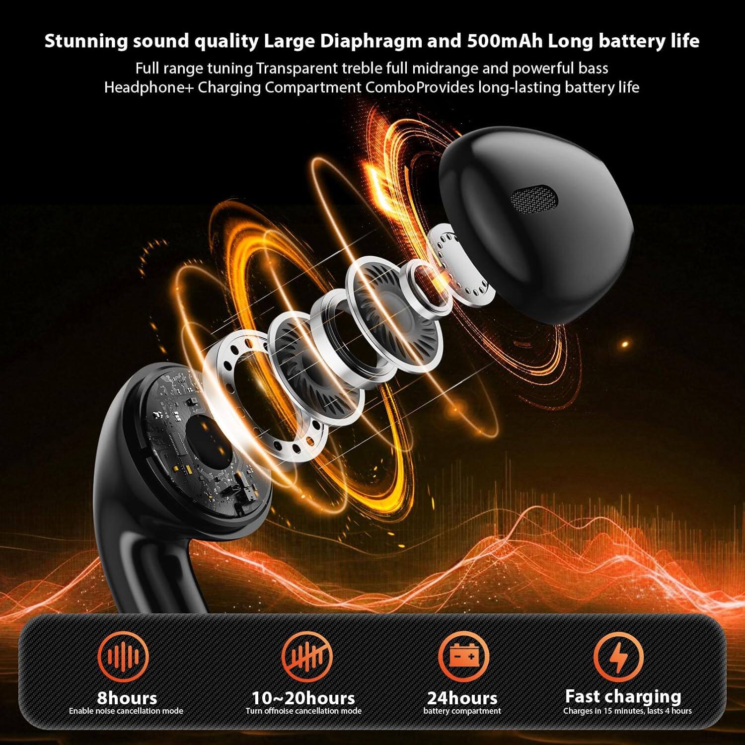 Stunning sound quality  
Large Diaphragm and 500mAh Long battery life  

Full range tuning  
Transparent treble full midrange and powerful bass  

Headphone+ Charging Compartment Combo  
Provides long-lasting battery life  

8 hours  
Enable noise cancellation mode  

10~20 hours  
Turn off noise cancellation mode  

24 hours  
battery compartment  

Fast charging  
Charges in 15 minutes, lasts 4 hours