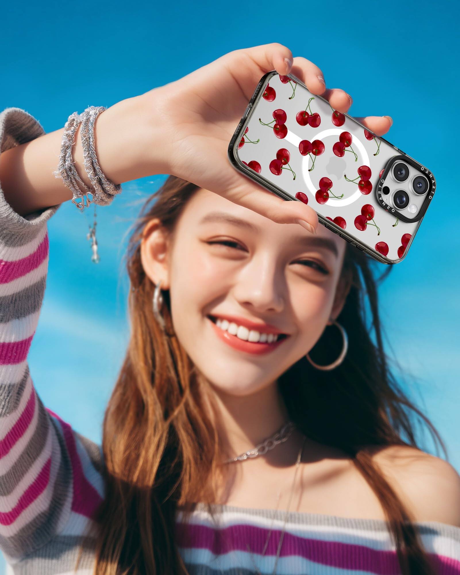 Alt View 5. Ornarto - ORNARTO Vistique for iPhone 16 Pro Max Case 6.9",Compatible with MagSafe,Clear Glossy Pattern Phone Case-Rouge Cherry - Rouge Cherry.