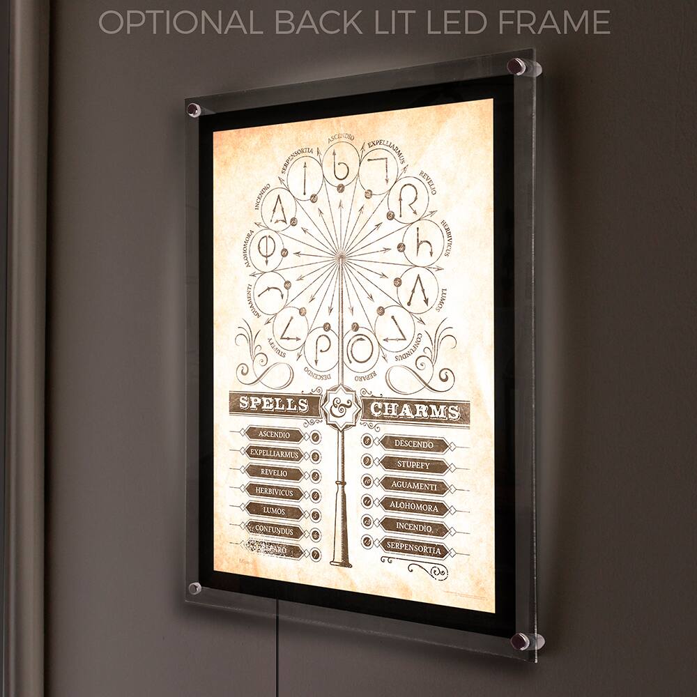 OPTIONAL BACK LIT LED FRAME

SPELLS
- ASCENDIO
- EXPELLIARMUS
- REVELIO
- HERBIVICUS
- LUMOS
- CONFUNDUS

CHARMS
- DESCENDO
- STUPEFY
- AGUAMENTI
- ALOHOMORA
- INCENDIO
- SERPENSORTIA