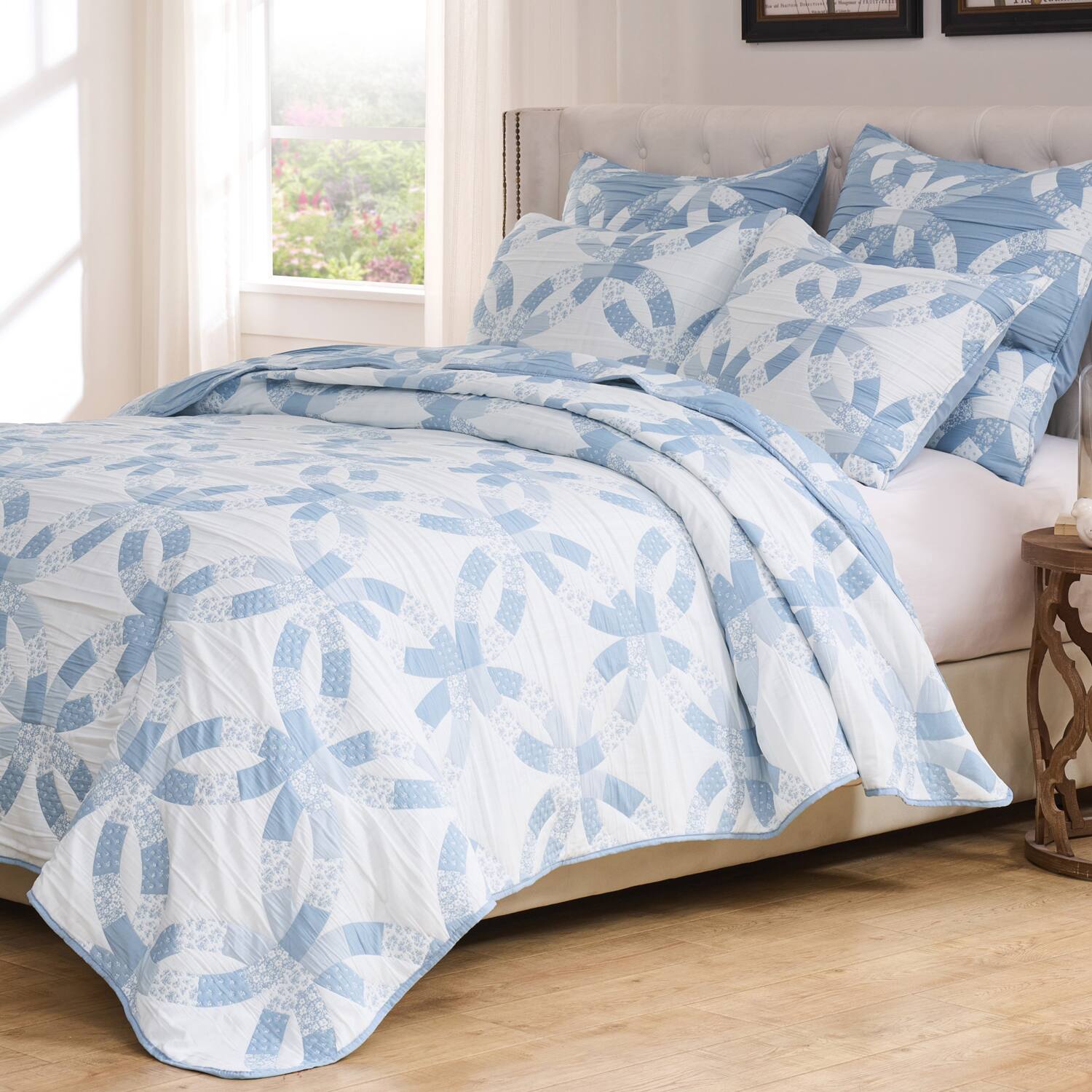 Left. Greenland Home Fashions - Greenland Home Fashions 100% Jacquard Woven Polyester Wedding Ring Coverlet 3 Piece Set Full/Queen Blue - Blue.