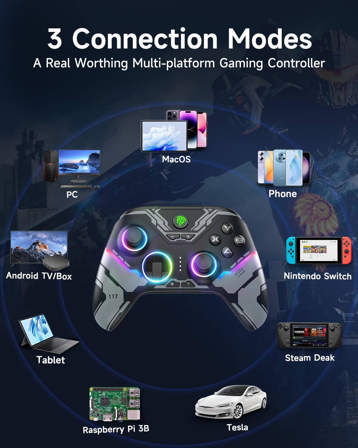 3 Connection Modes  
A Real Worthing Multi-platform Gaming Controller  

- PC  
- macOS  
- Phone  
- Android TV/Box  
- Tablet  
- Nintendo Switch  
- Steam Deck  
- Raspberry Pi 3B  
- Tesla
