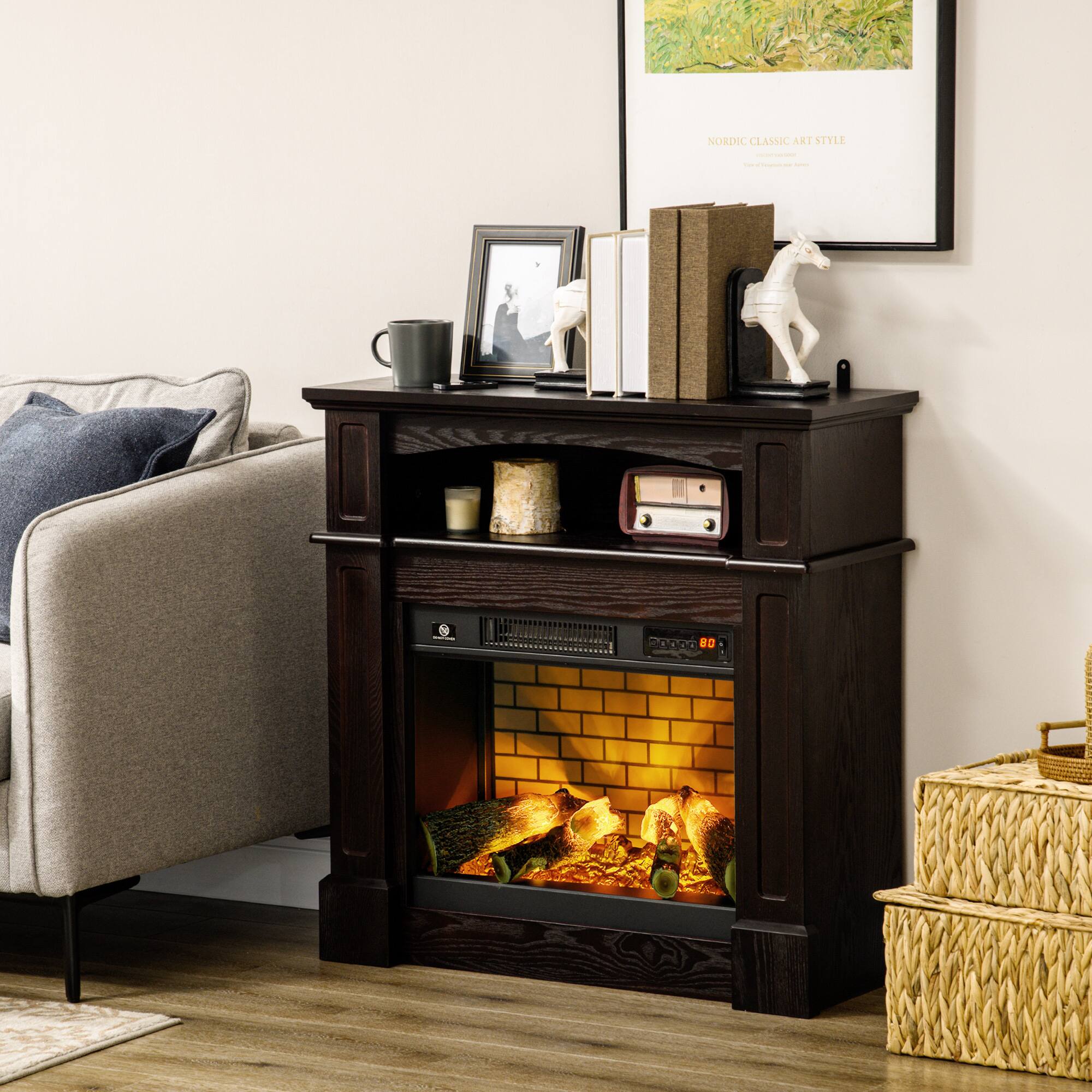 Alt View 5. Tiramisubest - 32" Electric Fireplace with Mantel, Freestanding Heater with LED Log Flame, Shelf and Remote Control, 700W/1400W, Brown - Brown.