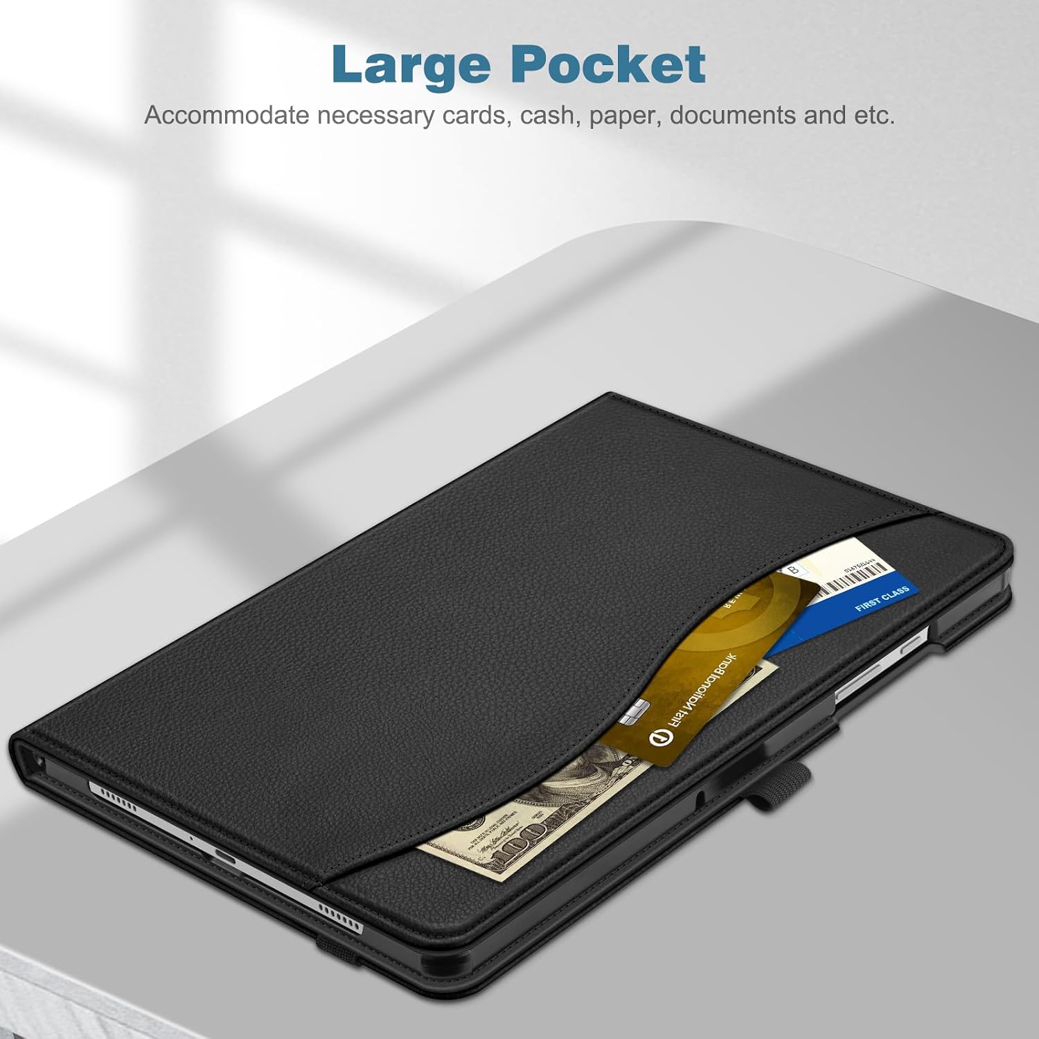 Large Pocket  
Accommodate necessary cards, cash, paper, documents and etc.