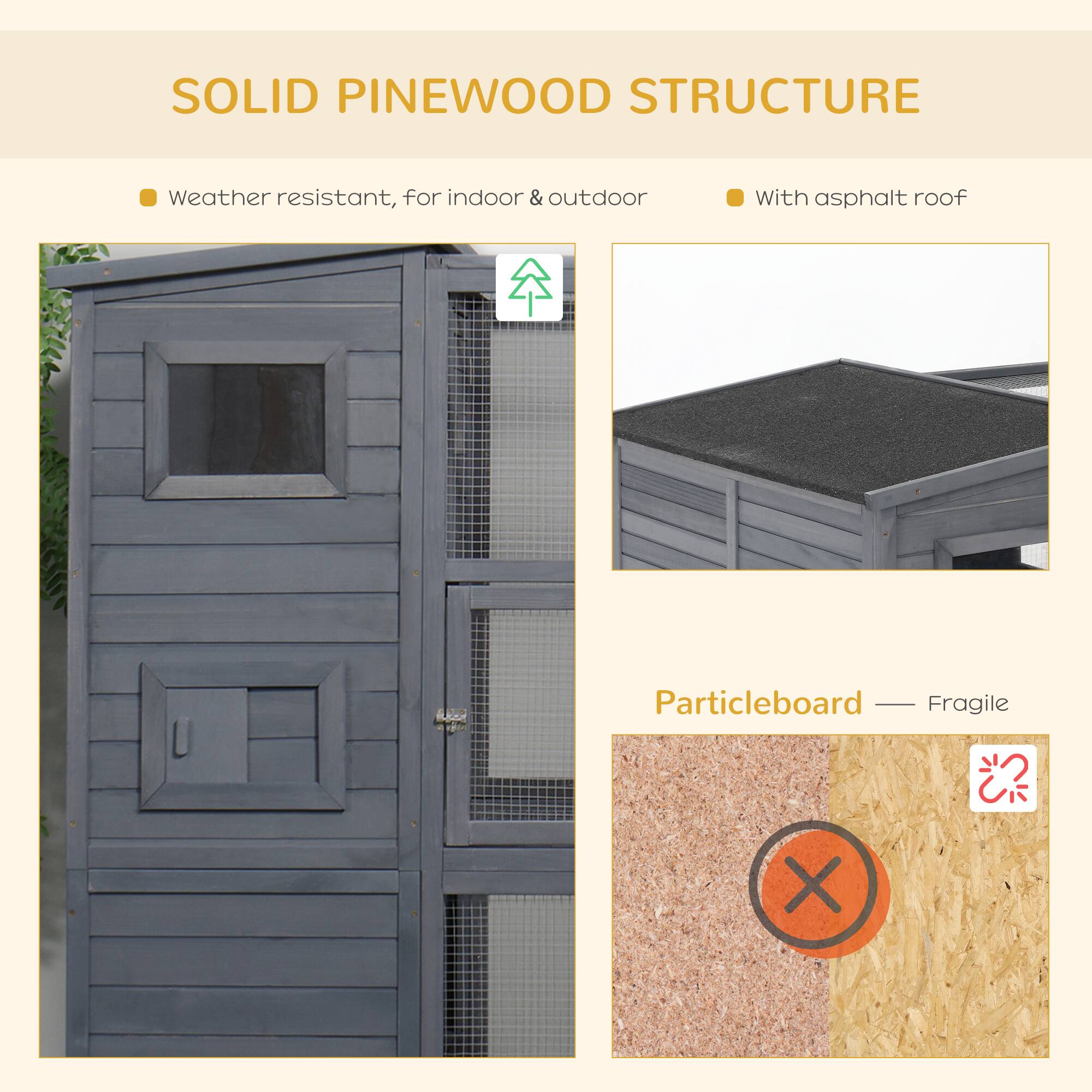 SOLID PINEWOOD STRUCTURE

- Weather resistant, for indoor & outdoor
- With asphalt roof

Particleboard — Fragile