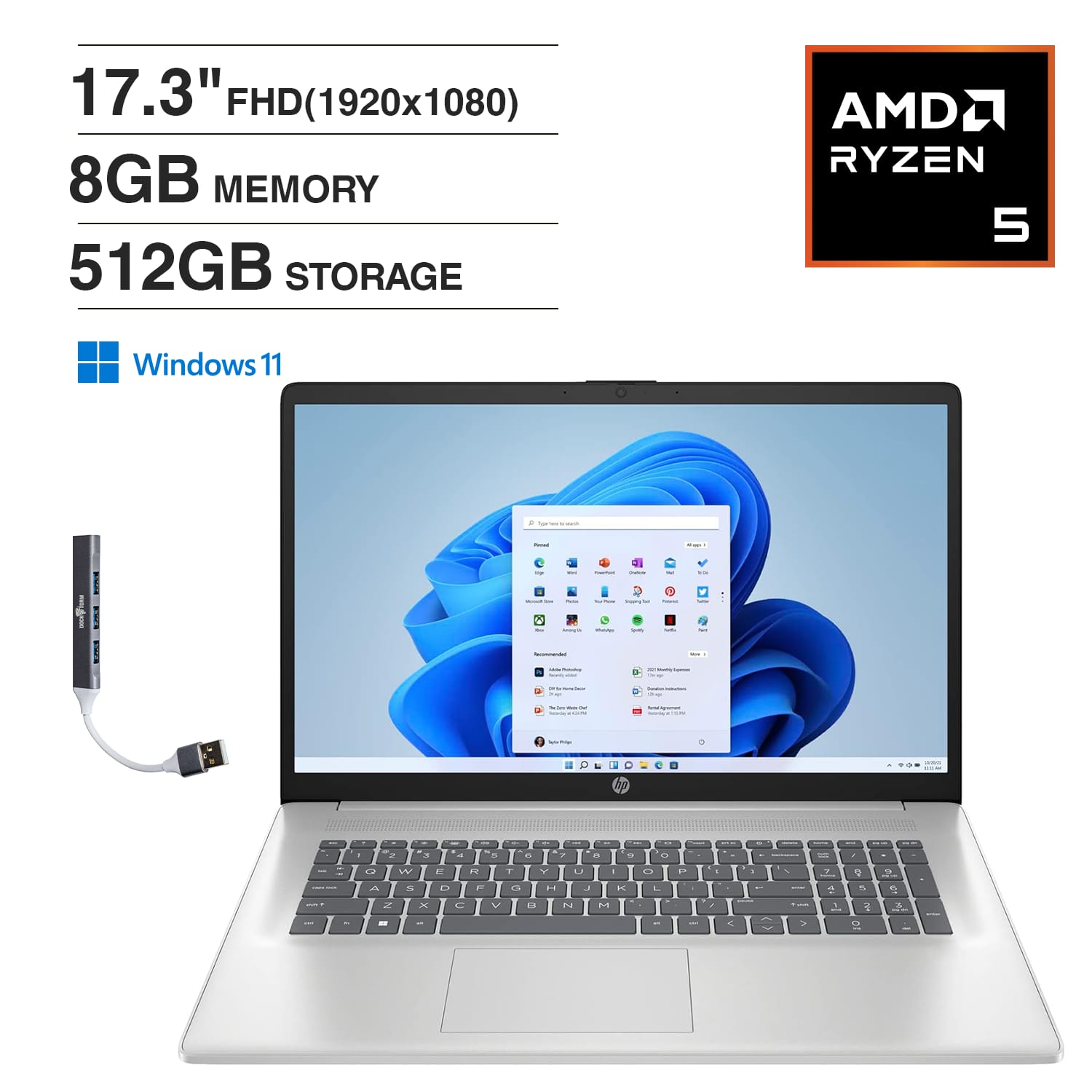 HP - 17 Laptop 17.3 FHD (AMD Ryzen 5 7520U, 8GB LPDDR5, 512GB SSD, AMD Radeon, Win 11 Home) w/USB Hub - Natural Silver