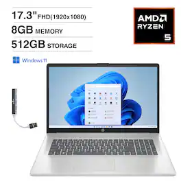 HP - 17 Laptop 17.3 FHD (AMD Ryzen 5 7520U, 8GB LPDDR5, 512GB SSD, AMD Radeon, Win 11 Home) w/USB Hub - Natural Silver