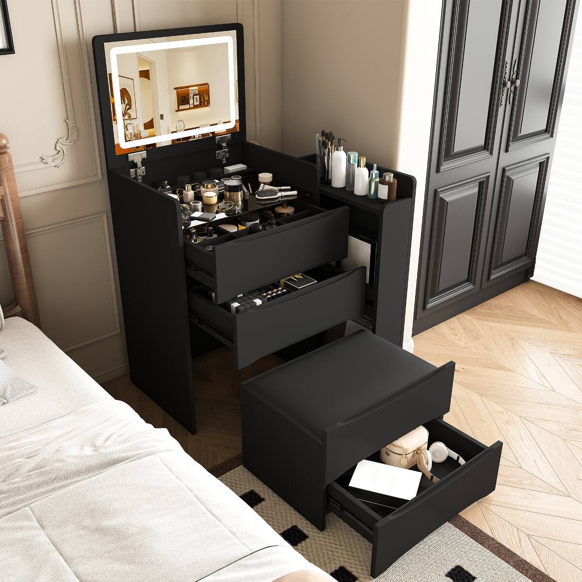 Alt View 6. Loheer - Loheer Flip Mirror Vanity Desk with Adjustable LED Lights, Hidden Storage and Stool, Black - Black.