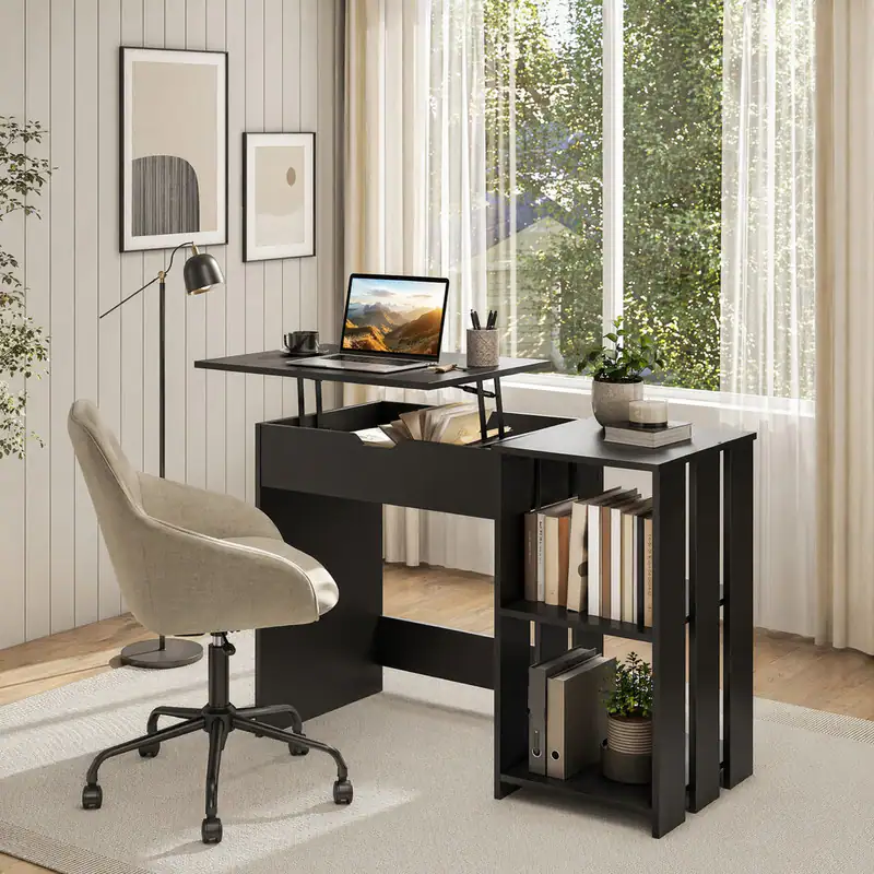 WELLFOR - 39.5 " Lift Top Computer Desk with Hidden Compartment and Open Storage Shelves, Home Office Desk for Small Spaces - Black