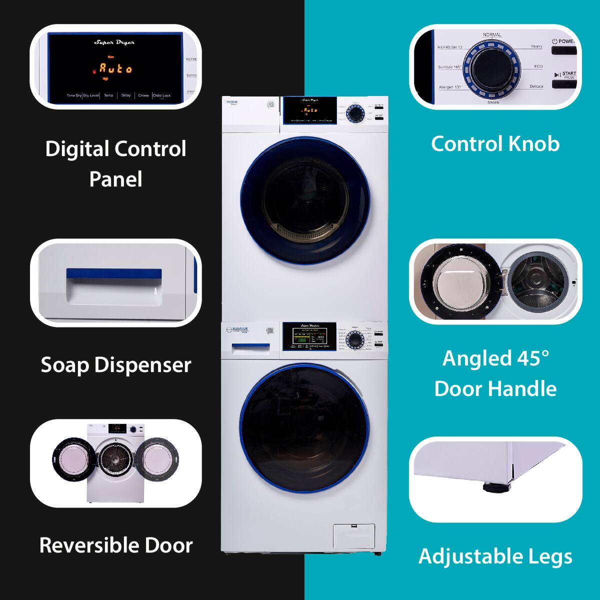- Digital Control Panel
- Soap Dispenser
- Reversible Door
- Control Knob
- Angled 45° Door Handle
- Adjustable Legs