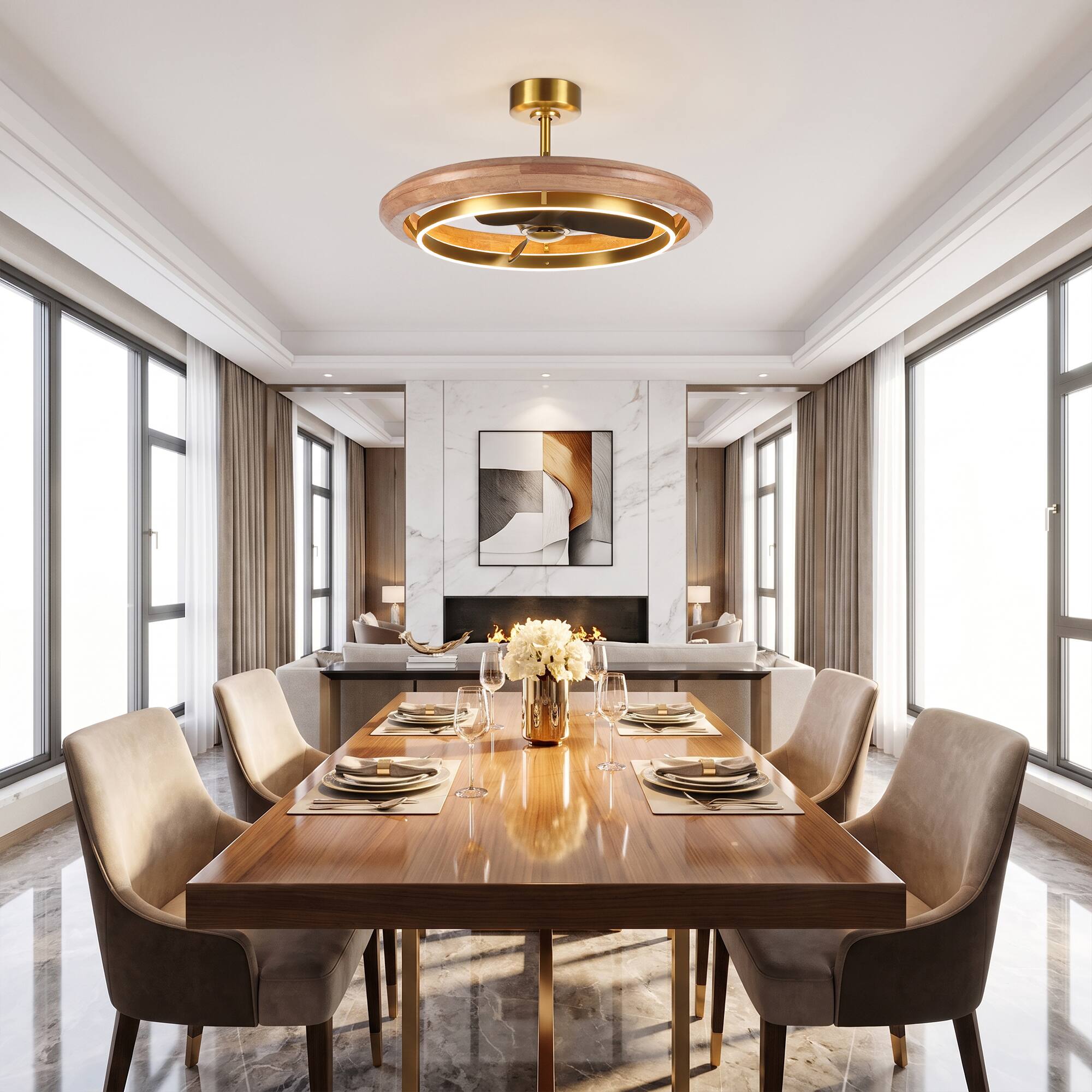 Left. Parrot Uncle - 33 Inch Modern Wood LED Ceiling Fan 6 Speed DC Motor Dimmable Caged Chandelier with Remote - Gold.