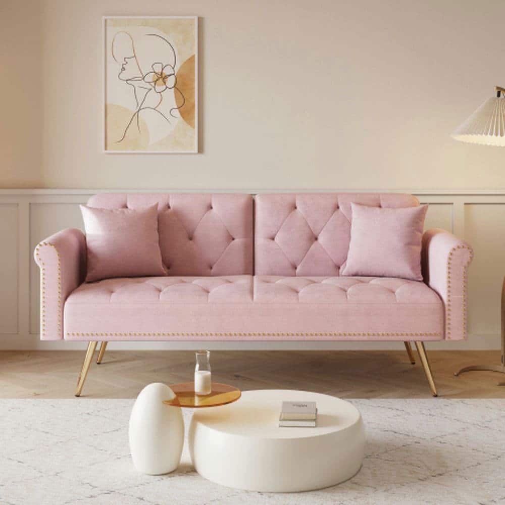 Resenkos - 69.7" Velvet Sofa Bed with Nail Head Trim & Matching Throw Pillow - Pink