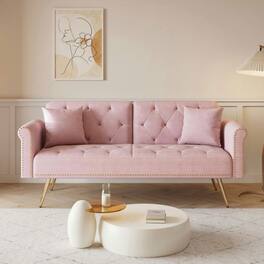 Kadyn - 69.7" Velvet Sofa Bed with Nail Head Trim & Matching Throw Pillow - Pink