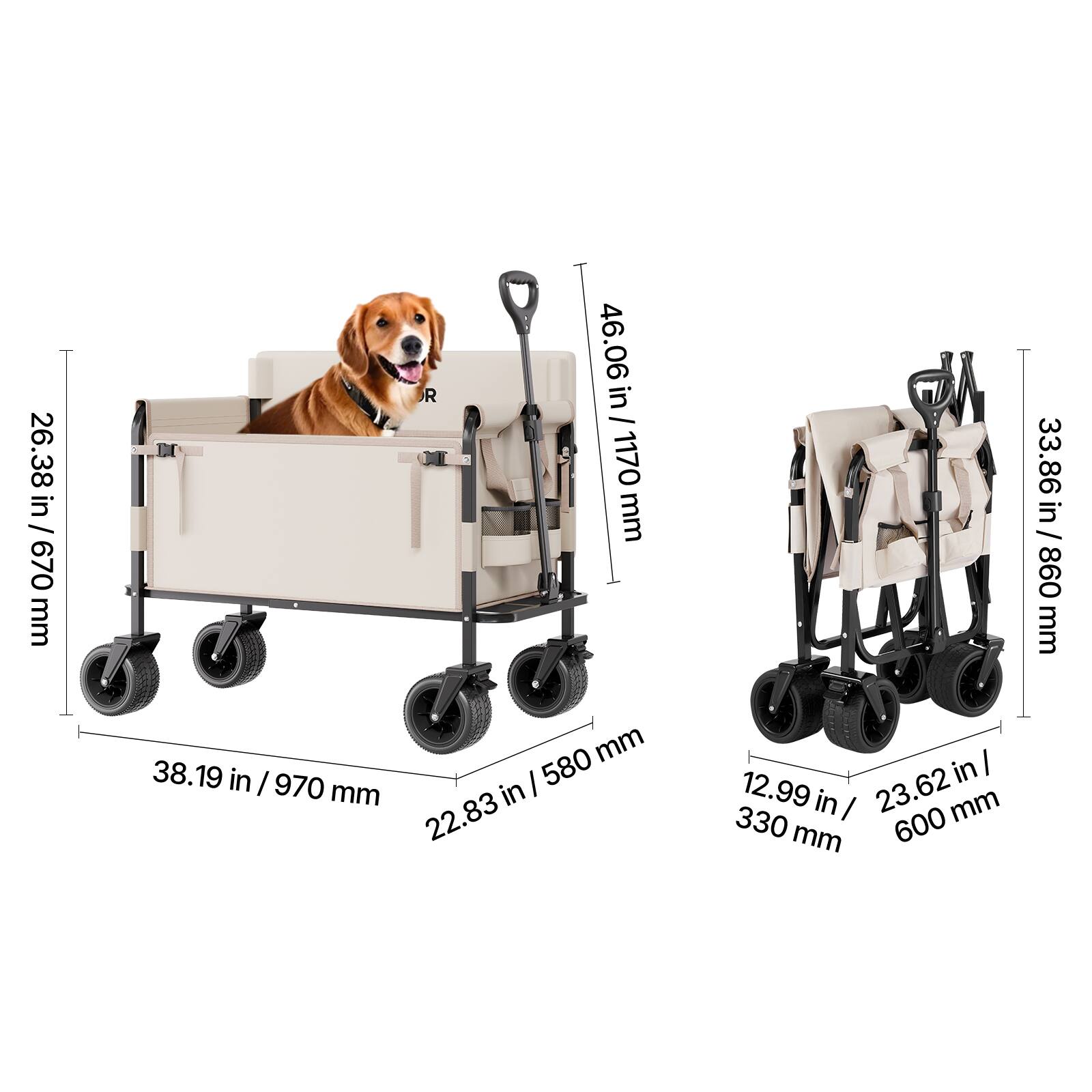 Here is the corrected and grouped text:

- 26.38 in / 670 mm
- 46.90 in / 1170 mm
- 38.19 in / 970 mm
- 22.83 in / 580 mm
- 12.99 in / 330 mm
- 23.62 mm / 600 mm