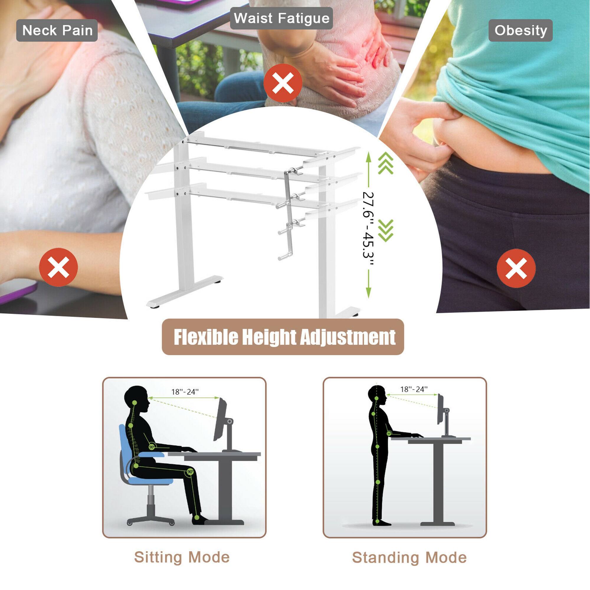 Neck Pain  
Waist Fatigue  
Obesity  

Flexible Height Adjustment  
27.6" - 45.3"  

Sitting Mode  
18" - 24"  

Standing Mode  
18" - 24"