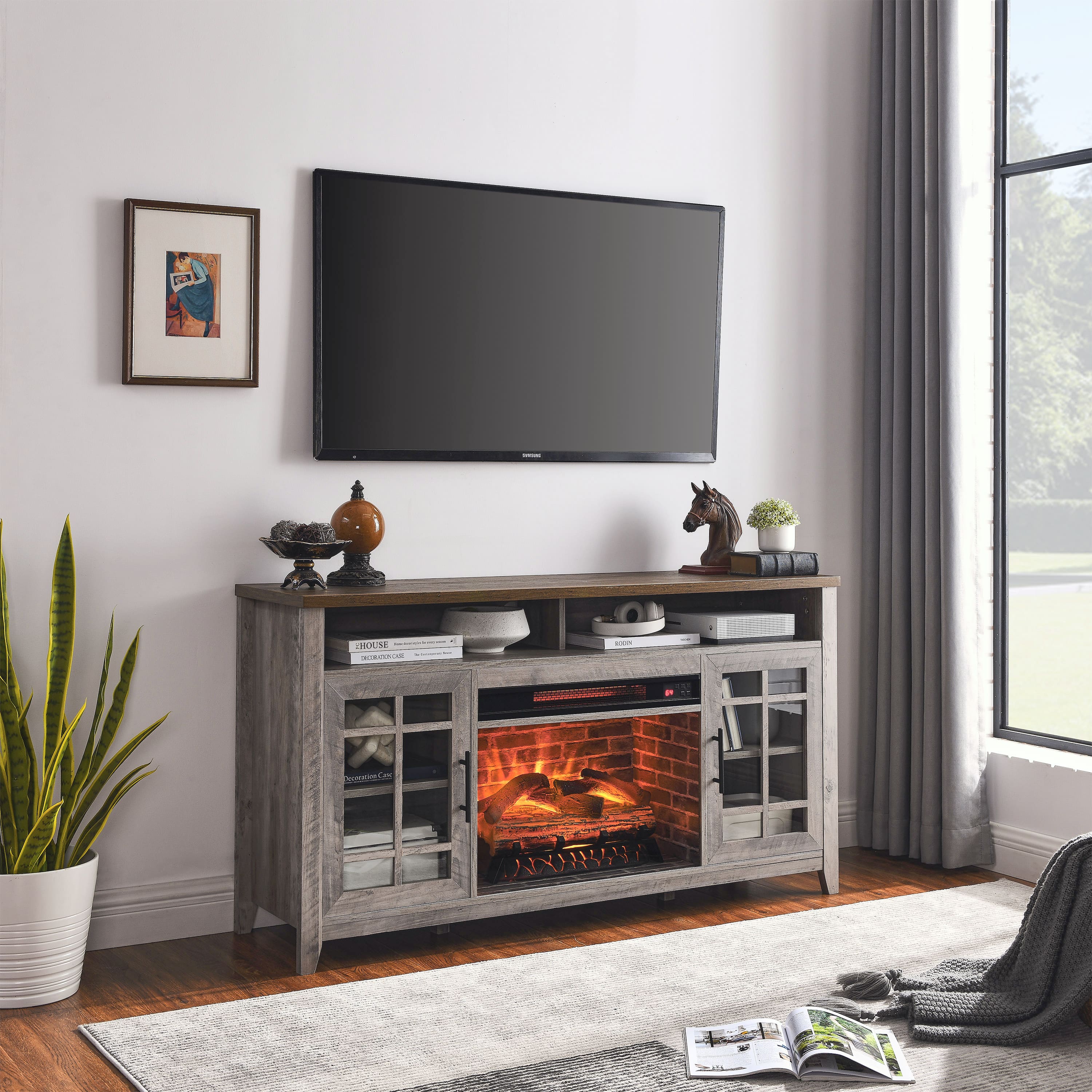 Aukfa - 55" TV Media Stand with Electric Fireplace Heater - Modern Entertainment Center.