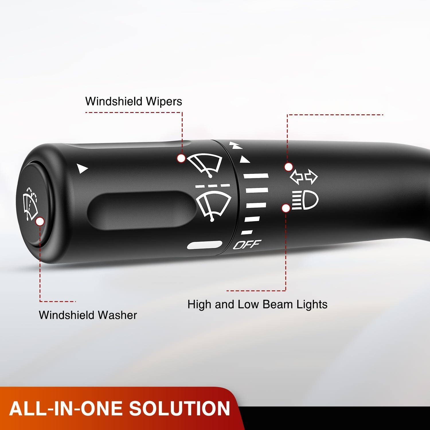 Windshield Wipers OFF  
Windshield Washer  
High and Low Beam Lights  

ALL-IN-ONE SOLUTION