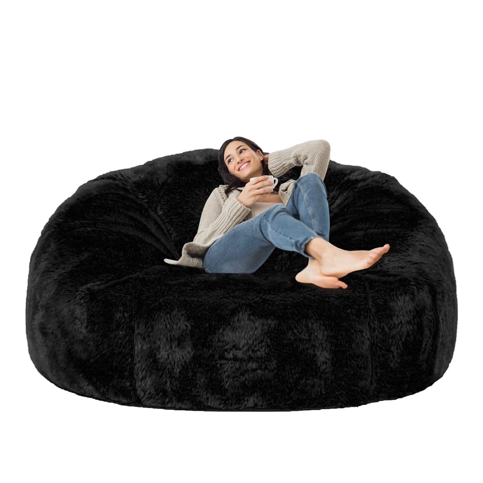 Front. JETRANSPORT - (no Filler) 6ft Giant Bean Bag Chair Cover Soft Faux Rh Sofa Bed Washable Couch For Adult And With Liner - Black 6FT (59in×26in).