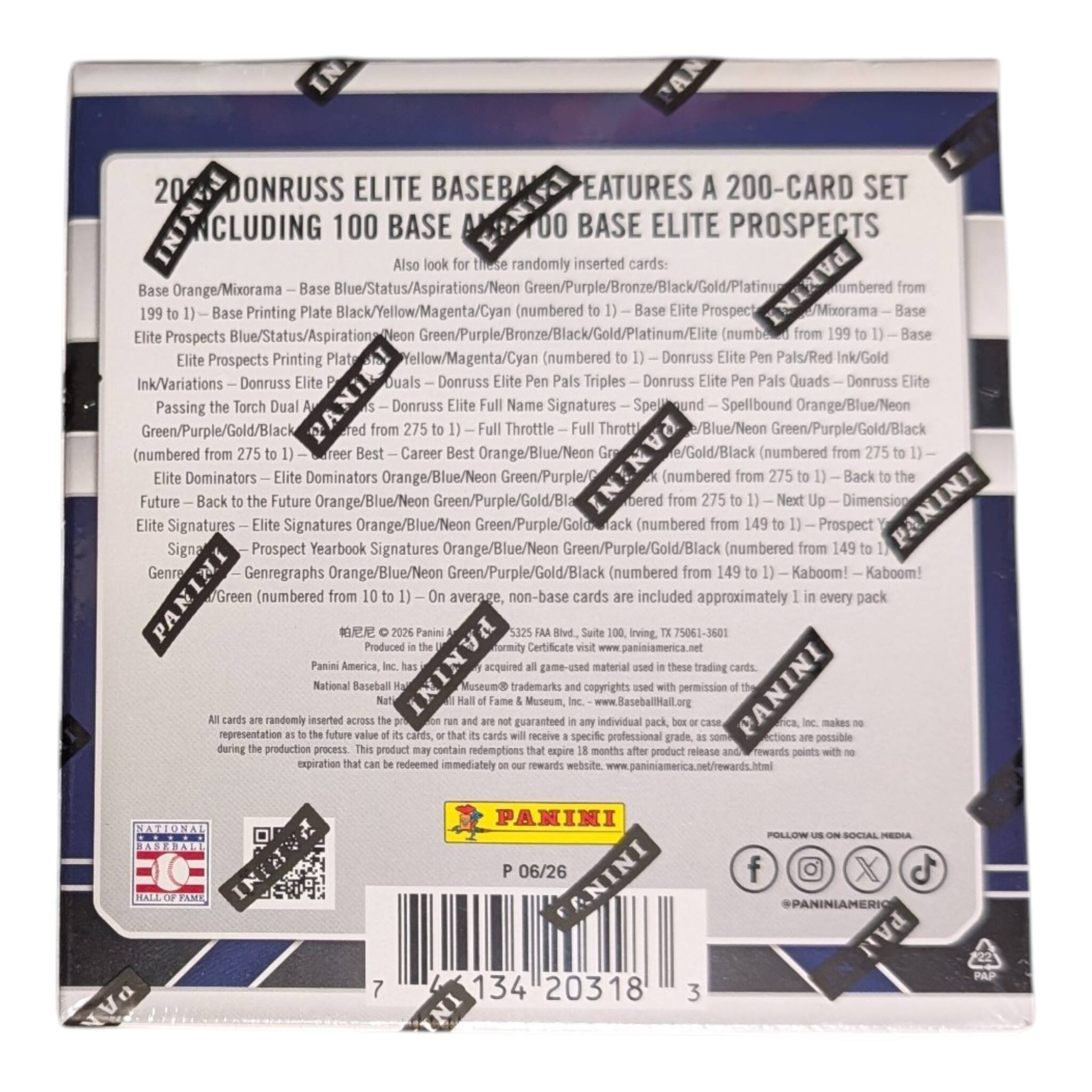 2023 Donruss Elite Baseball Features a 200-card set including 100 Base Elite Prospects

Also look for these randomly inserted cards:
- Base Orange/Mixorama
- Base Blue/Status/Aspirations/Neon Green/Purple/Bronze/Black/Gold/Platinum
- Numbered from Base Printing Plate Black/Yellow/Magenta/Cyan (numbered Base Elite Prospect Mixorama)
- Base Elite Prospects Blue/Status/Aspirations Green/Purple/Bronze/Black/Gold/Platinum
- Numbered from Base Elite Prospects Printing Yellow/Magenta/Cyan (numbered Donruss Elite Pals/Red Ink/Gold Ink/Variations)
- Donruss Elite Duals
- Donruss Elite Pals Triples
- Donruss Elite Pals Quads
- Donruss Elite Passing Torch Dual
- Donruss Elite Name Signatures
- Spellbound Orange/Blue/Neon Green/Purple/Gold/Black
- Numbered from Throttle
- Throttle Orange/Blue/Neon Green/Purple/Gold/Black
- Numbered from Elite Dominators
- Elite Dominators Orange/Blue/Neon Green