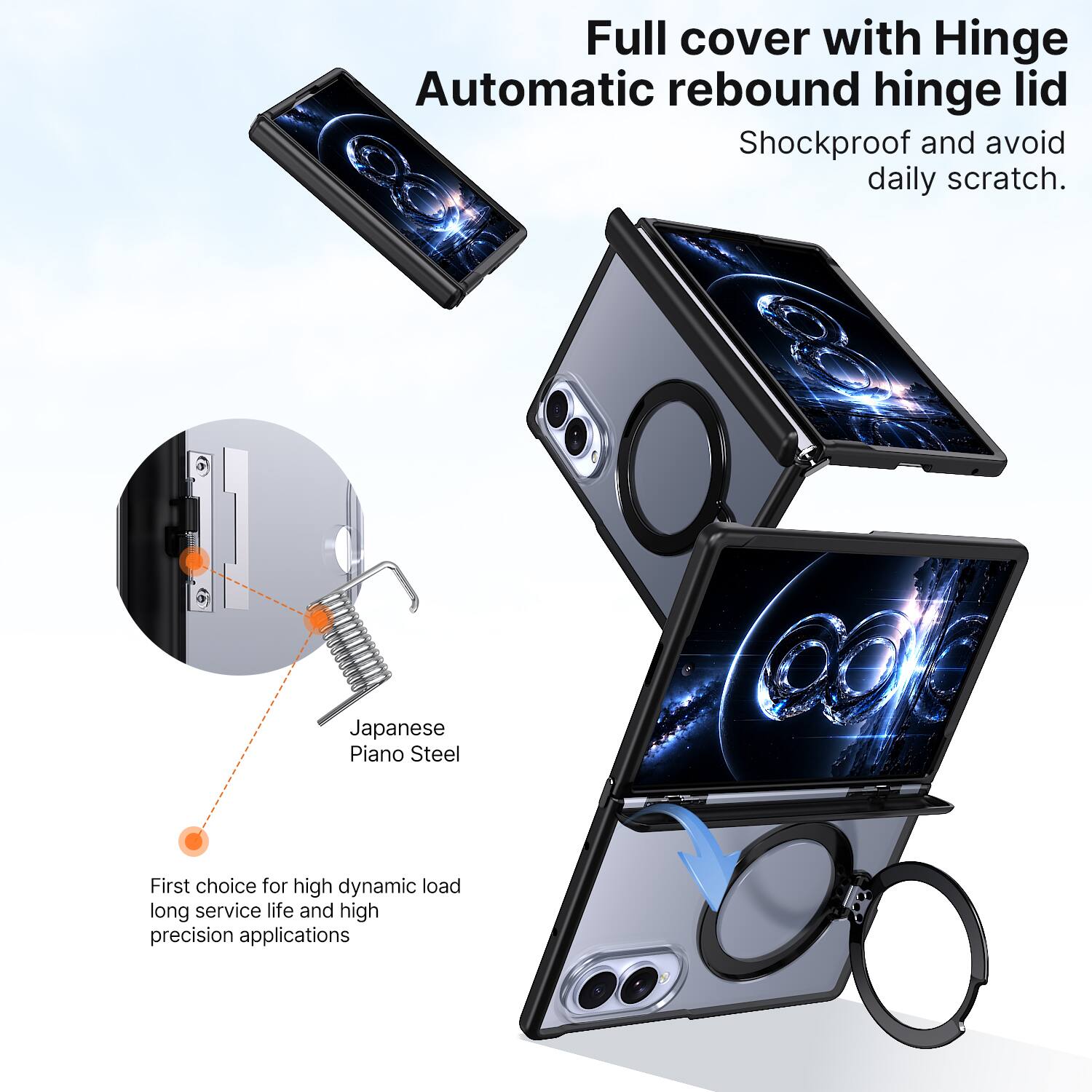 Full cover with Hinge Automatic rebound hinge lid  
Shockproof and avoid daily scratch.  

Japanese Piano Steel  
First choice for high dynamic load long service life and high precision applications