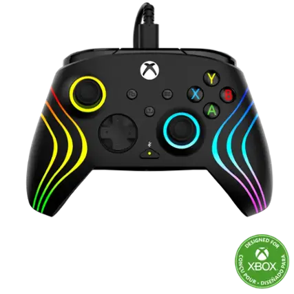 Designed for Xbox, this controller features a colorful design with yellow, blue, and green stripes on the buttons. The controller is compatible with Xbox One and has a built-in headset jack for an immersive gaming experience.