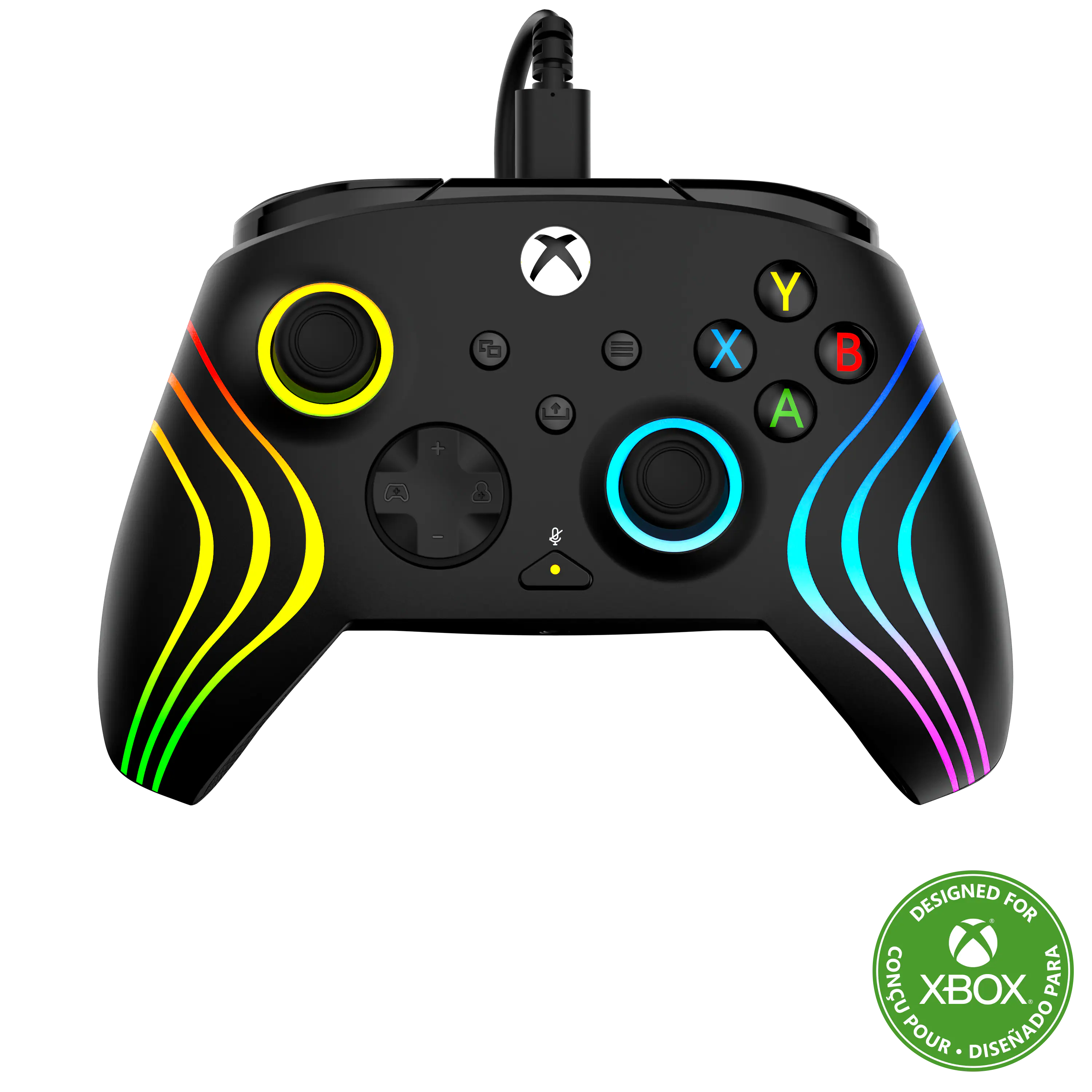 Designed for Xbox, this controller features a colorful design with yellow, blue, and green stripes on the buttons. The controller is compatible with Xbox One and has a built-in headset jack for an immersive gaming experience.
