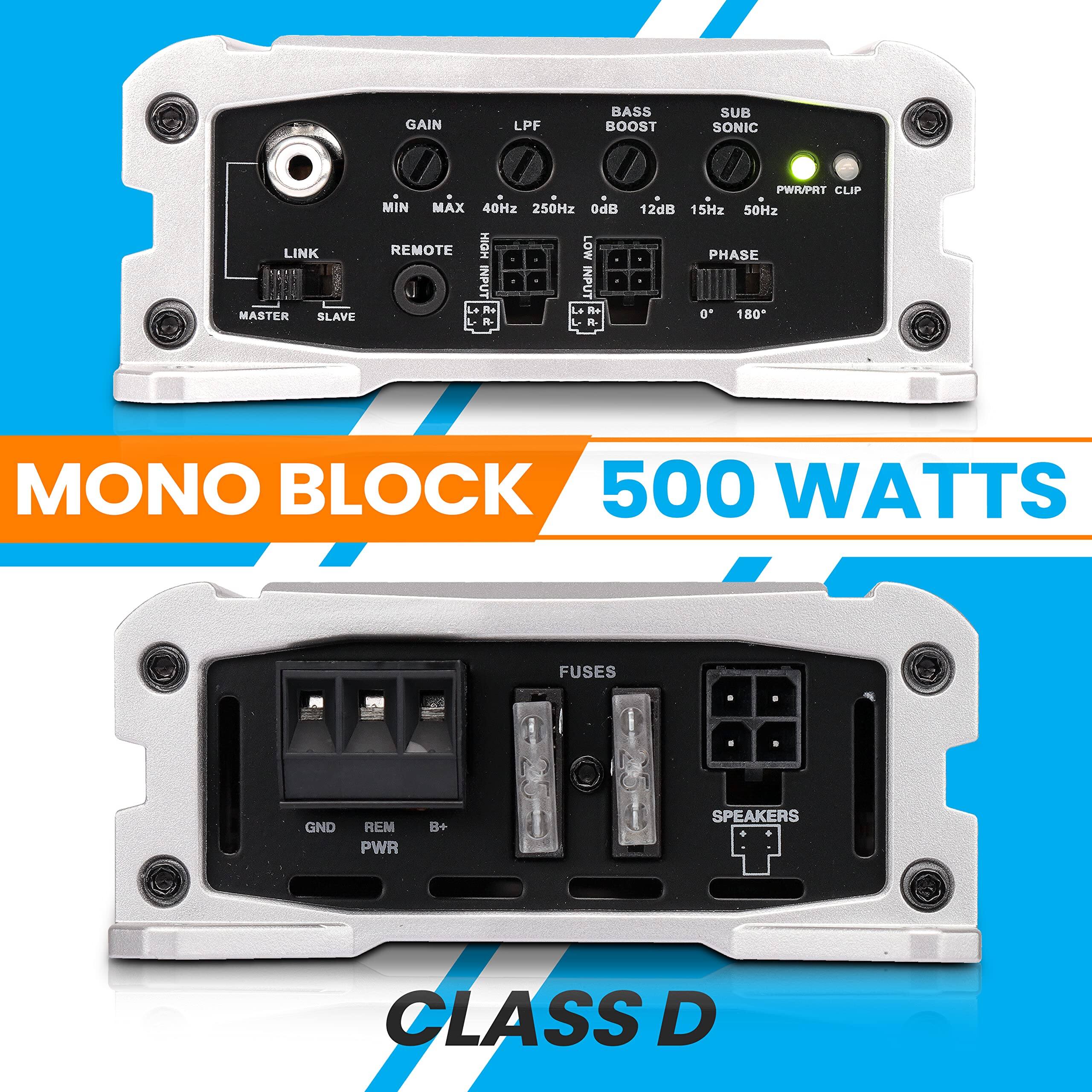GAIN LPF BASS BOOST SUB SONIC LINK MASTER SLAVE - MIN MAX 40Hz 250Hz 0dB REMOTE HIGH LOW INPUT INPUT L+ L- R+ R- R A PWIVPRT CUIP 12dB 15Hz 50Hz PHASE 0° 180° MONO BLOCK 500 WATTS FUSES GND REM PWR B+ SPEAKERS CLASS D