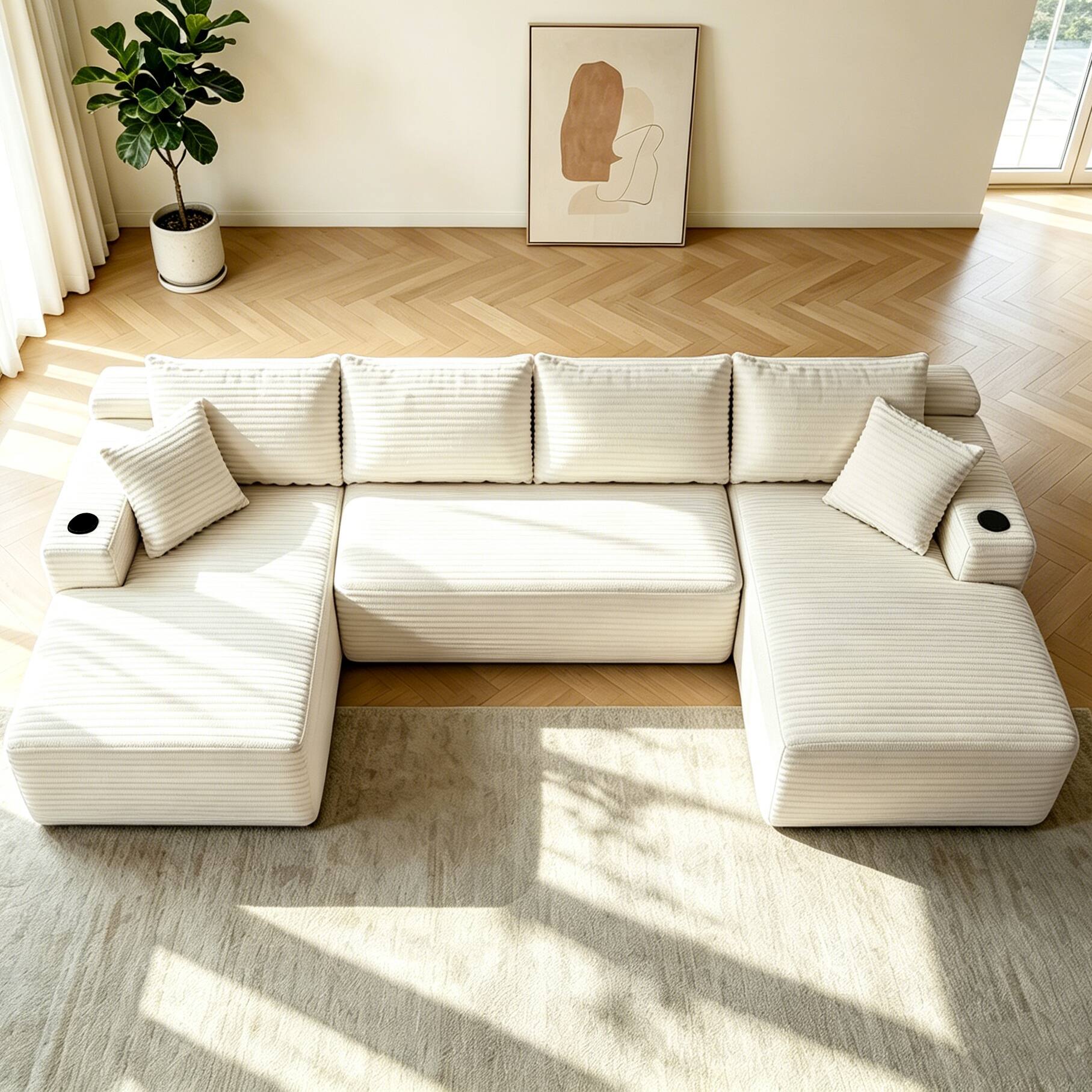 Alt View 1. Anysun - 134" Cloud Sectional Sofa, U-Shape Chaise, Side Pockets & Cup Holder, Modern Modular, Deep Seating, No Assembly - White.