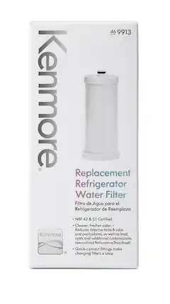 46 9913 Kenmore Replacement Refrigerator Water Filter Filtro de Agua para el Refrigerador de Reemplazo NSF 42 & 53 Certified Cleaner, fresher water- Reduces chlorine taste & odor Kenmore and particulates, as well as lead, cysts and additional contaminants (see enclosed Performance Data Sheet) Quick-connect fittings make changing filters a snap