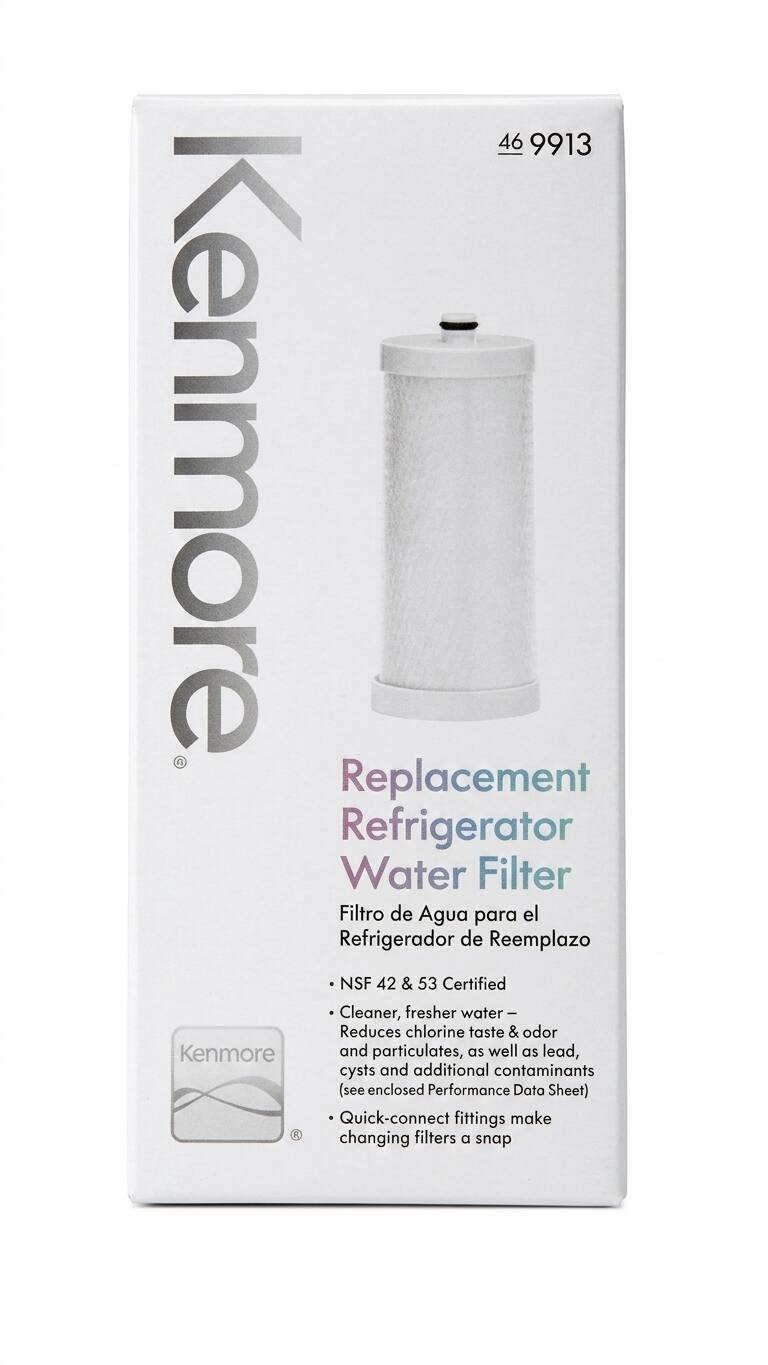 46 9913 Kenmore Replacement Refrigerator Water Filter Filtro de Agua para el Refrigerador de Reemplazo NSF 42 & 53 Certified Cleaner, fresher water- Reduces chlorine taste & odor Kenmore and particulates, as well as lead, cysts and additional contaminants (see enclosed Performance Data Sheet) Quick-connect fittings make changing filters a snap