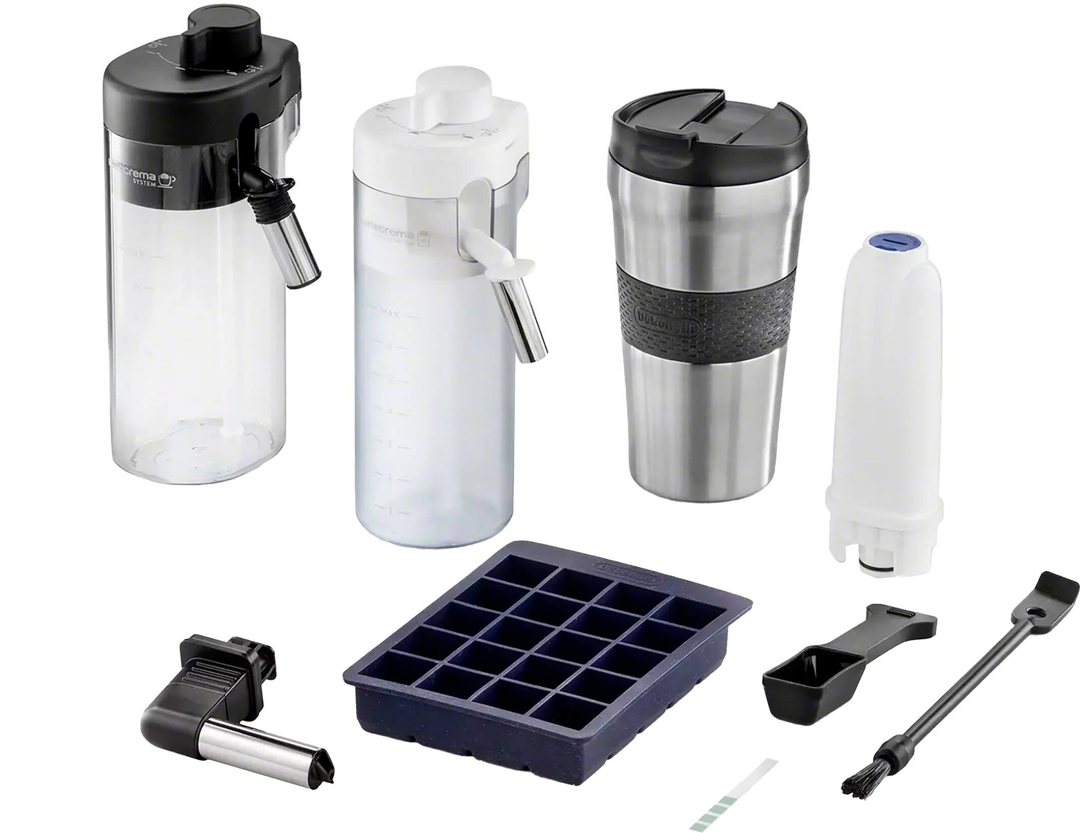 The image shows a variety of kitchen appliances and utensils, including a coffee maker, a water bottle, a blender, and a food processor. The appliances are arranged in a way that showcases their features and functions. The coffee maker is placed next to the water bottle, while the blender is positioned near the food processor. The collection of kitchen items is neatly arranged, making it easy for viewers to understand the purpose and use of each appliance.
