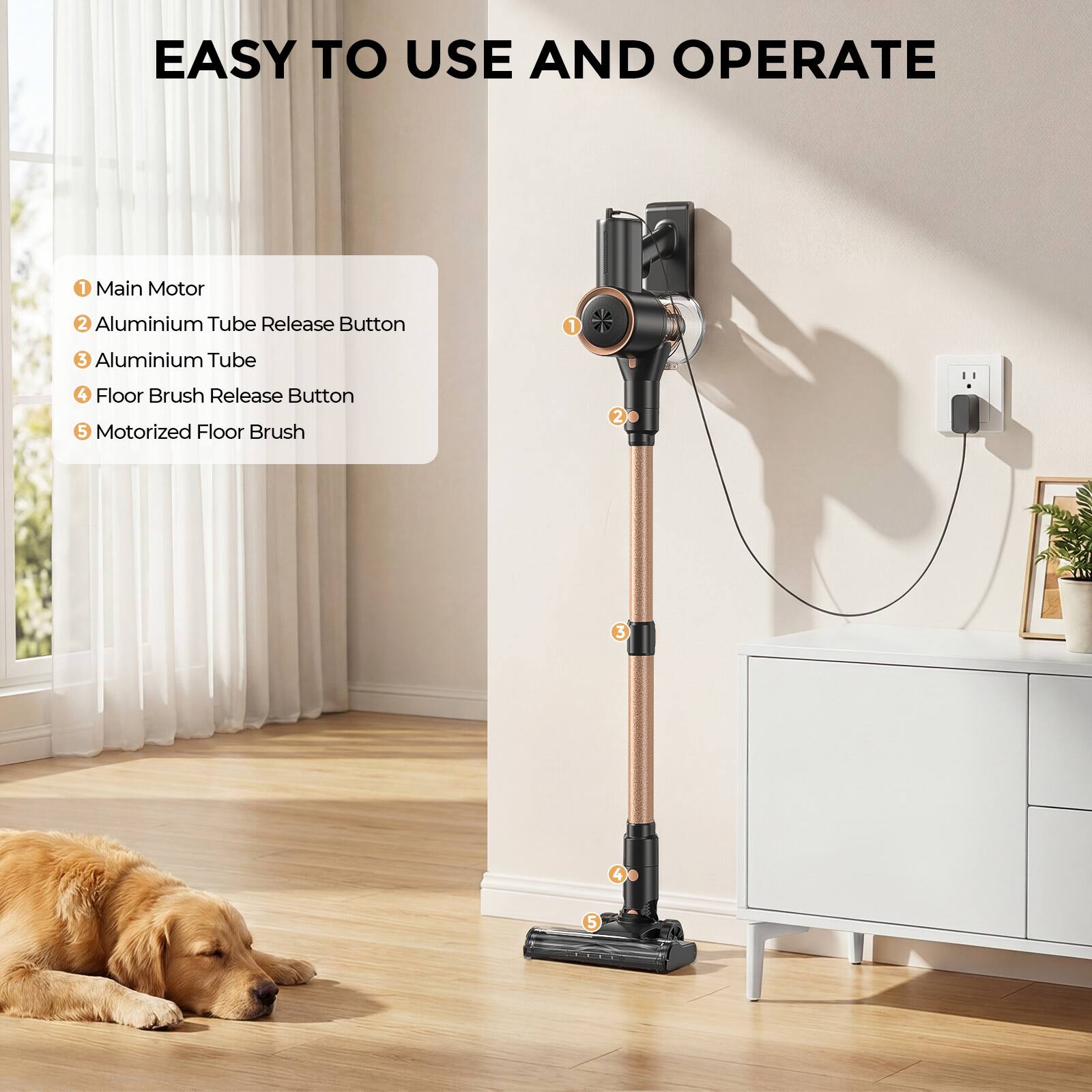 EASY TO USE AND OPERATE

1. Main Motor
2. Aluminium Tube Release Button
3. Aluminium Tube
4. Floor Brush Release Button
5. Motorized Floor Brush