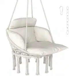 Outsunny - Swing Chair, Macrame Hanging Chair with Large Cushion, Chain, Steel Frame for Indoor Outdoor Use - Cream White