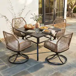 Nuu Garden - Outdoor 5PCS Dining Set, Swivel Chairs with Beige Cushions - Twisted Rattan