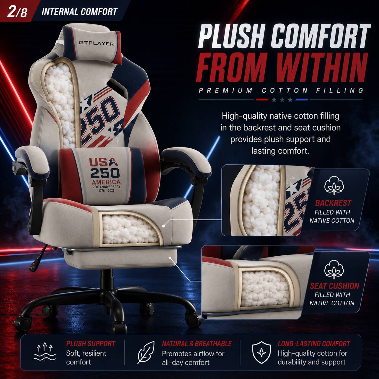 2/8 INTERNAL COMFORT

GTPLAYER 250 USA 250 AMERICA 250 ANNIVERSARY

PLUSH COMFORT FROM WITHIN
PREMIUM COTTON FILLING

High-quality native cotton filling in the backrest and seat cushion provides plush support and lasting comfort.

BACKREST 25 NATIVE FILLED COTTON

SEAT CUSHION FILLED WITH NATIVE COTTON

PLUSH SUPPORT
Soft, resilient comfort

NATURAL & BREATHABLE
Promotes airflow for all-day comfort

LONG-LASTING COMFORT
High-quality cotton for durability and support