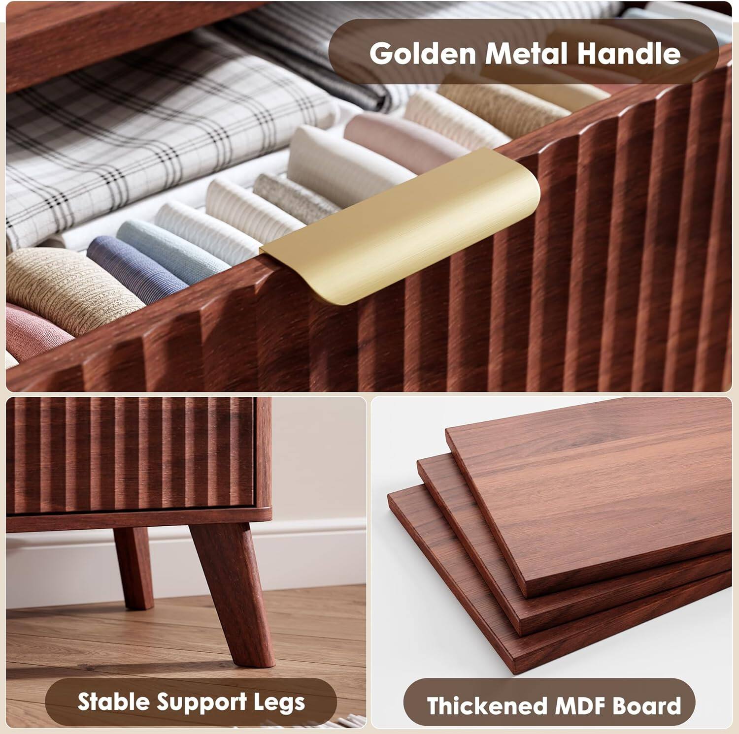 Golden Metal Handle  
Stable Support Legs  
Thickened MDF Board