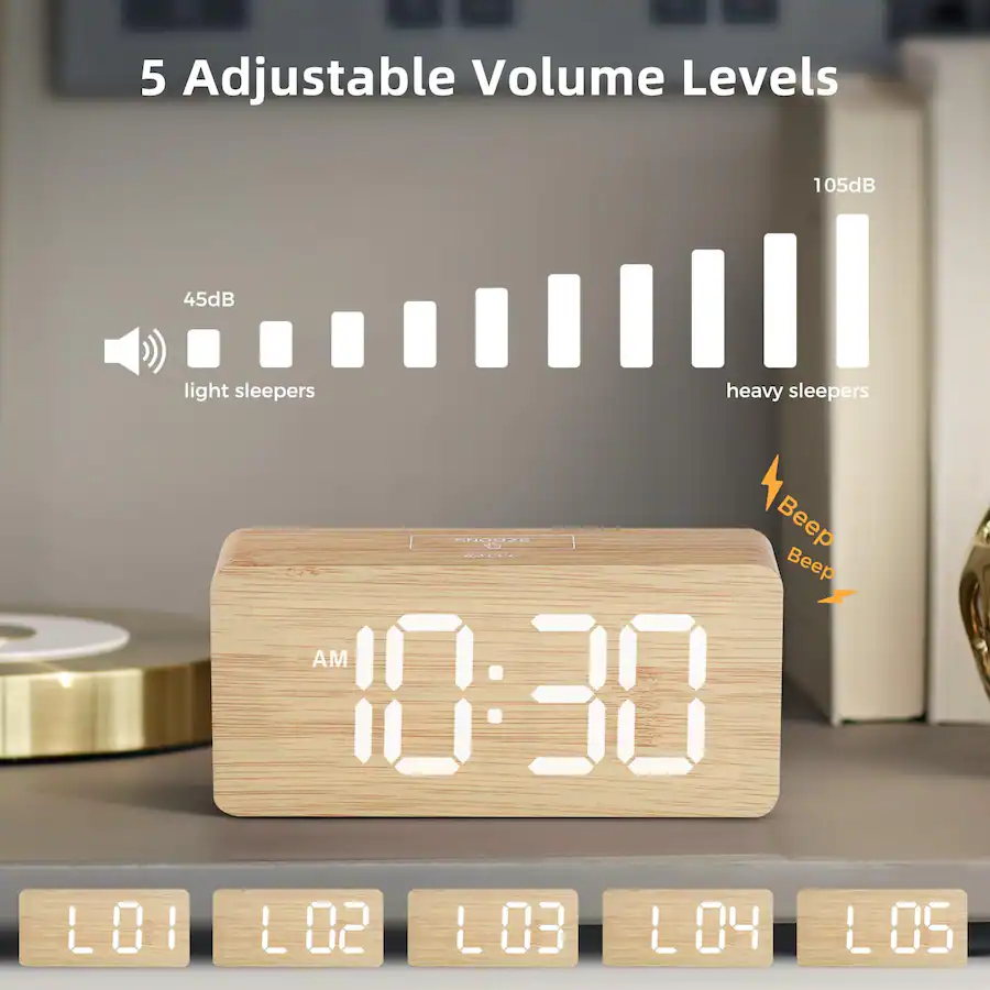 Andoolex Wooden Digital Alarm Clock With Wireless Charging - Adjustable Brightness & Dual Alarm (Bamboo)