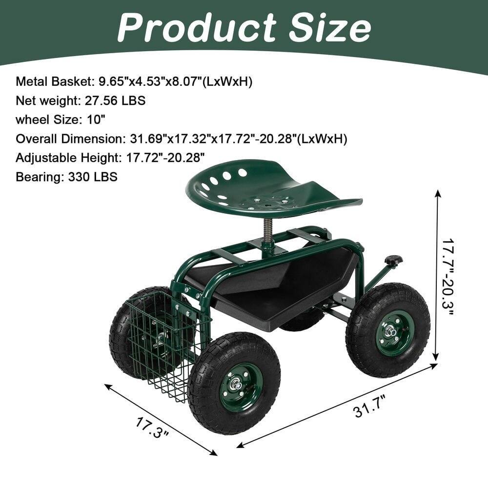 Product Size

Metal Basket: 9.65"x4.53"x8.07"(LxWxH)

Net weight: 27.56 LBS

wheel Size: 10"

Overall Dimension: 31.69"x17.32"x17.72"-20.28"(LxWxH)

Adjustable Height: 17.72"-20.28"

Bearing: 330 LBS