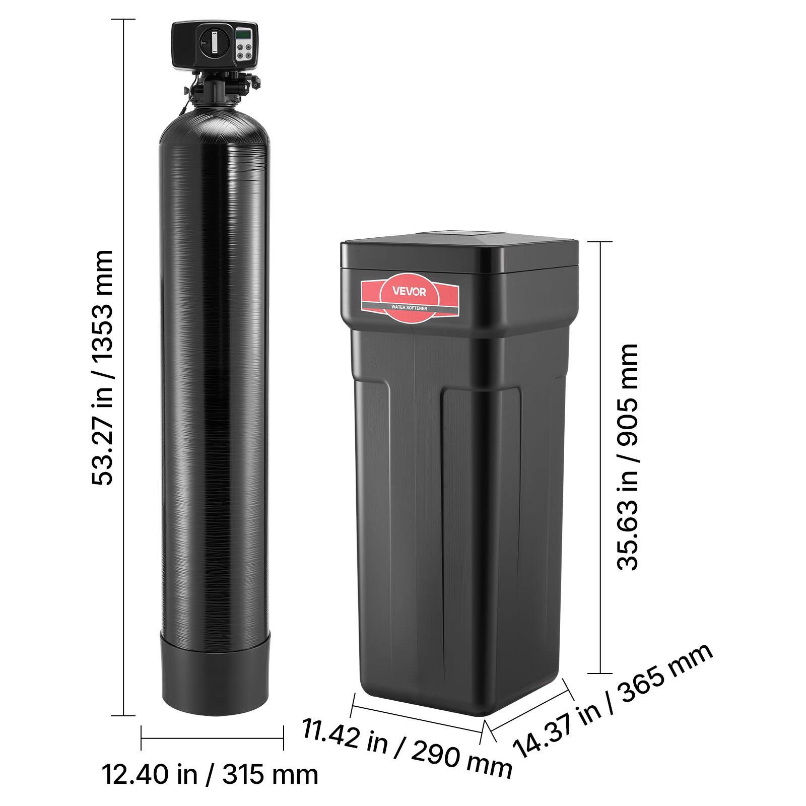 I .. mm 1353 / 53.27 in / 1353 in 53.27 VEVOR C - - mm in / 905 905 / in 35.63 mm I 365 in 11.42 in I 14.37 290 mm 12.40 in / 315 mm

Corrected:

- Height: 53.27 in / 1353 mm
- Width: 14.37 in / 365 mm
- Depth: 11.42 in / 290 mm
- Width (bottom): 12.40 in / 315 mm
- Height (tank): 35.63 in / 905 mm