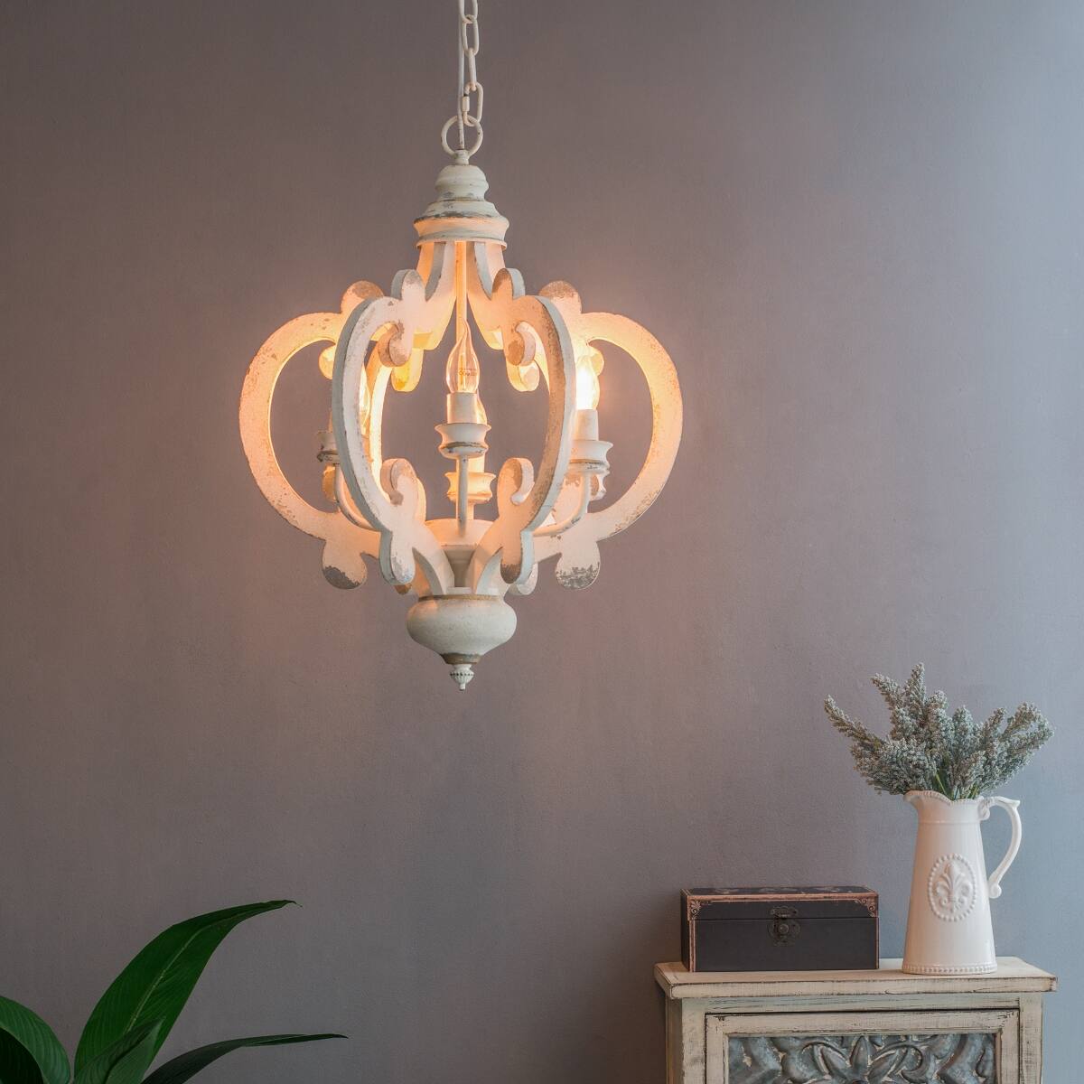 Alt View 3. Loheer - Loheer French Country Chandelier, Six Light Whitewashed Wood Fixture with Adjustable Chain.