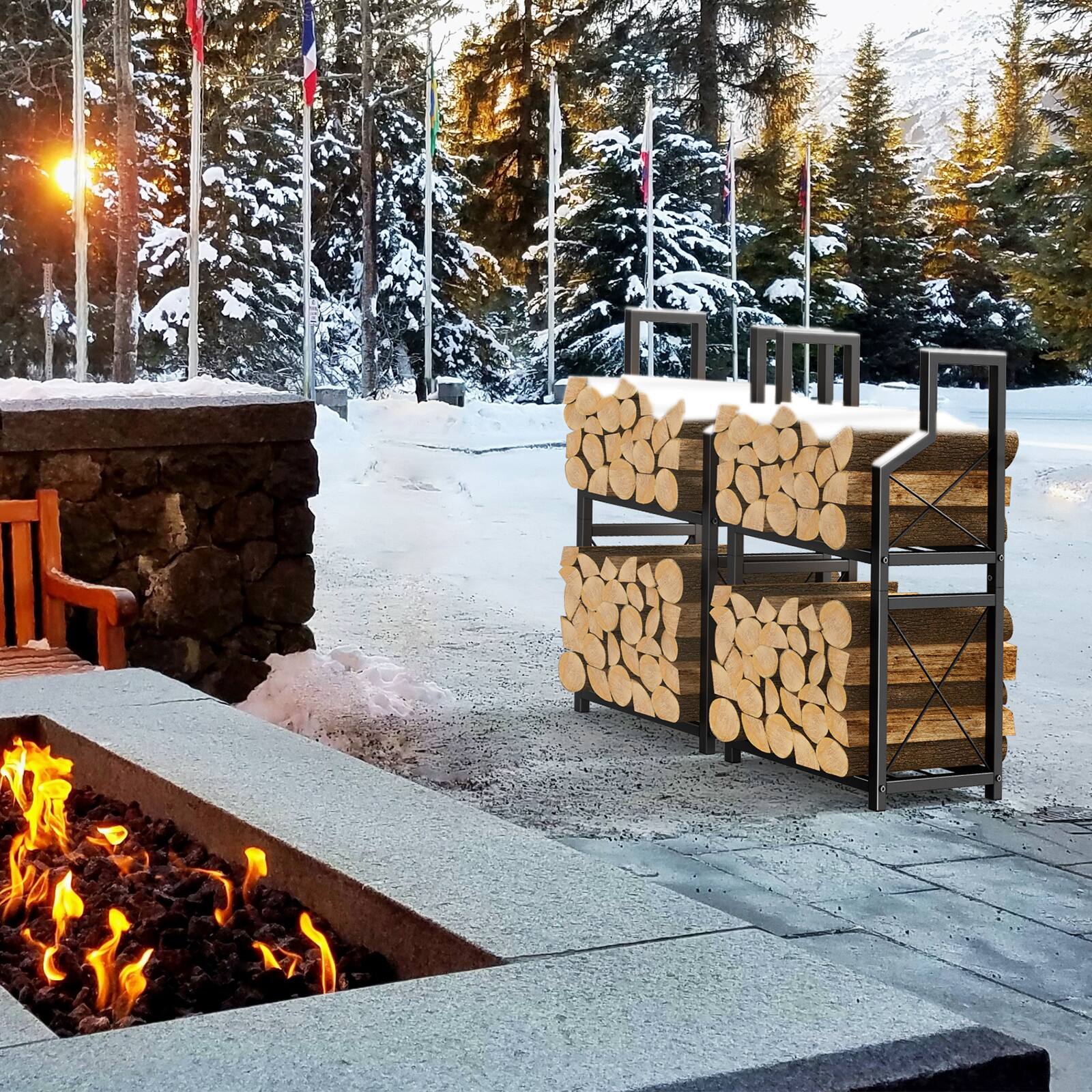 Angle. Oumilen - Black Metal Firewood Rack, 2-Tier Heavy Duty Log Holder for Indoor and Outdoor Fireplace Storage - Black.
