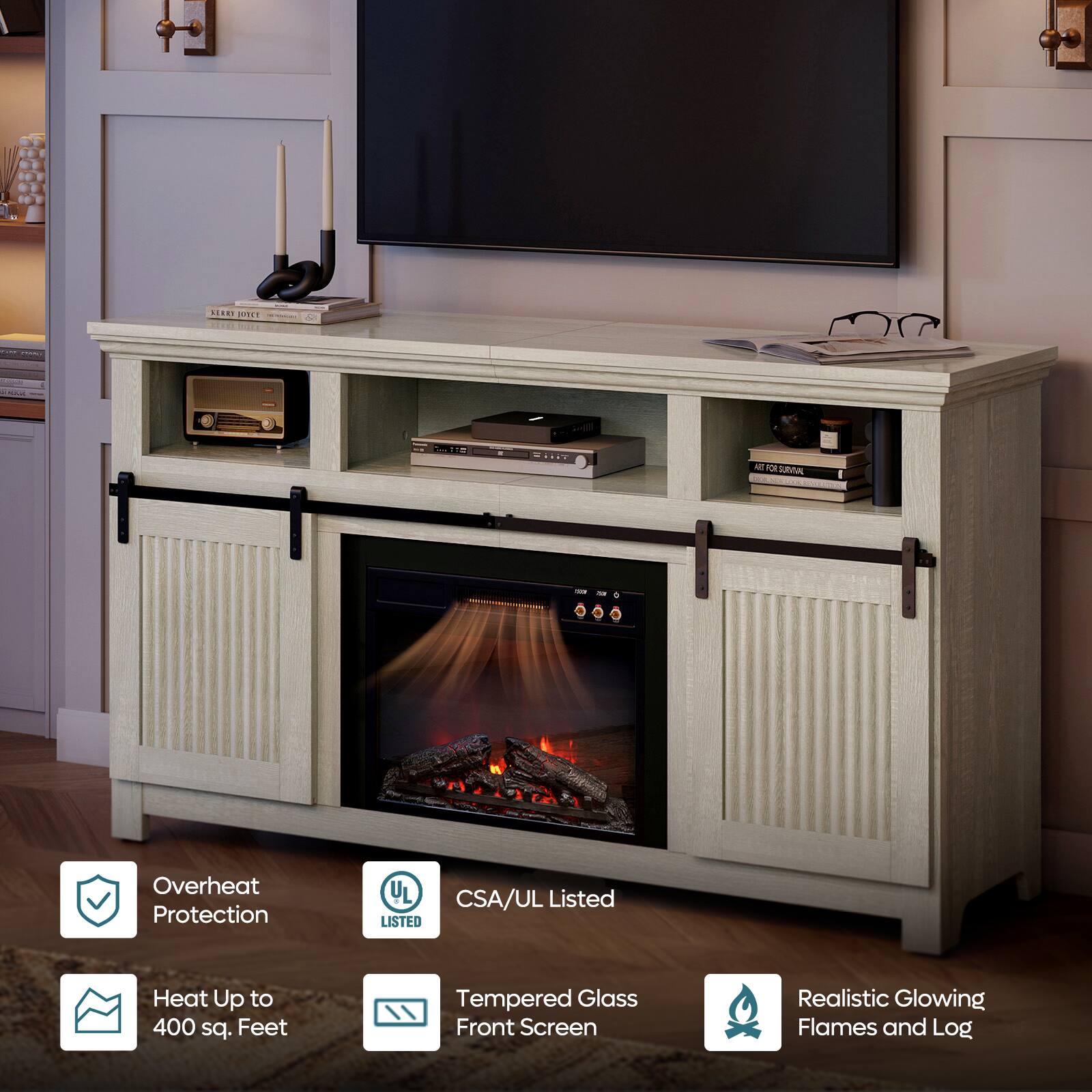The text on the image reads: "Overheat Protection CSA/UL Listed Heat Up to 400 sq. feet Tempered Glass Front Screen Realistic Glowing Flames and Logs."