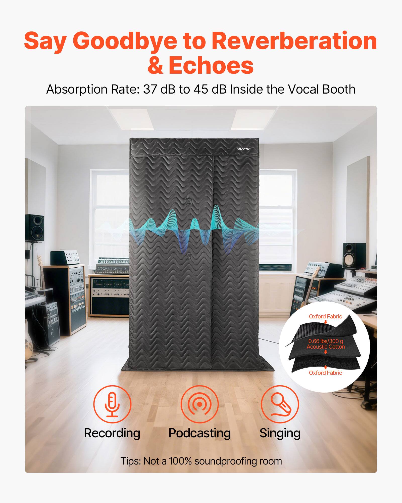 Say Goodbye to Reverberation & Echoes  
Absorption Rate: 37 dB to 45 dB Inside the Vocal Booth  

Recording Podcasting Singing  
Tips: Not a 100% soundproofing room  

Oxford Fabric  
0.66 lbs/300 g Acoustic Cotton
