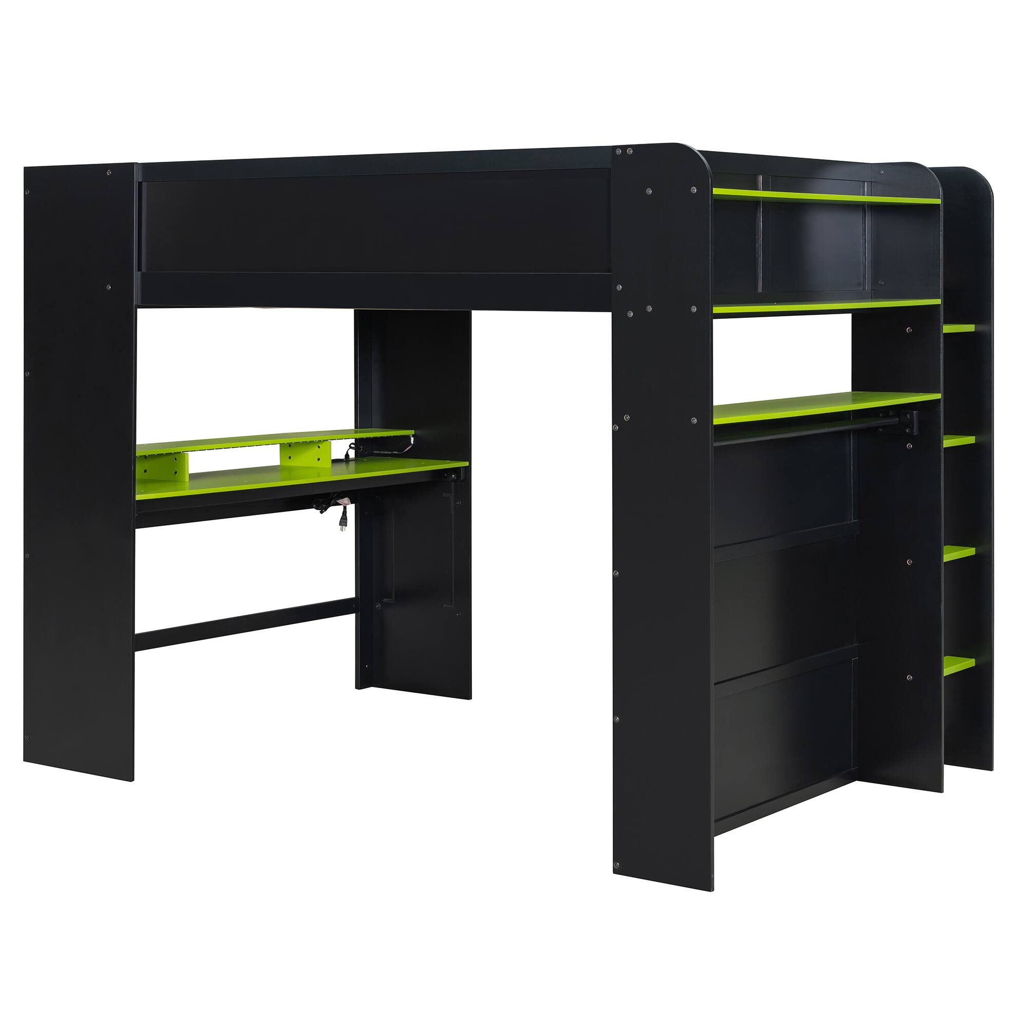 Back. Anysun - Full Size Wood Bunk Bed with height-adjustable Desk,Wardrobe,Ample Storage Space,and RGB Light - Green.
