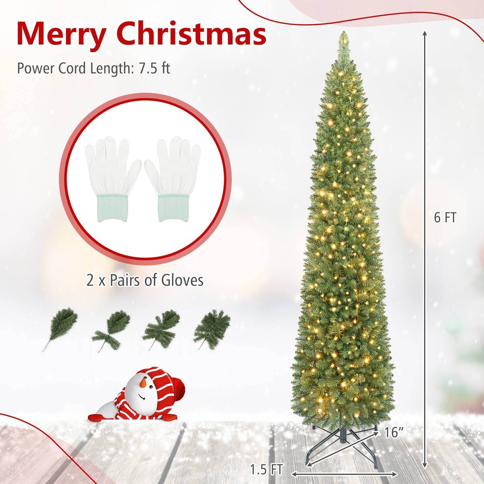 Merry Christmas  
Power Cord Length: 7.5 ft  
6 FT  
2 x Pairs of Gloves  
16"  
1.5 FT