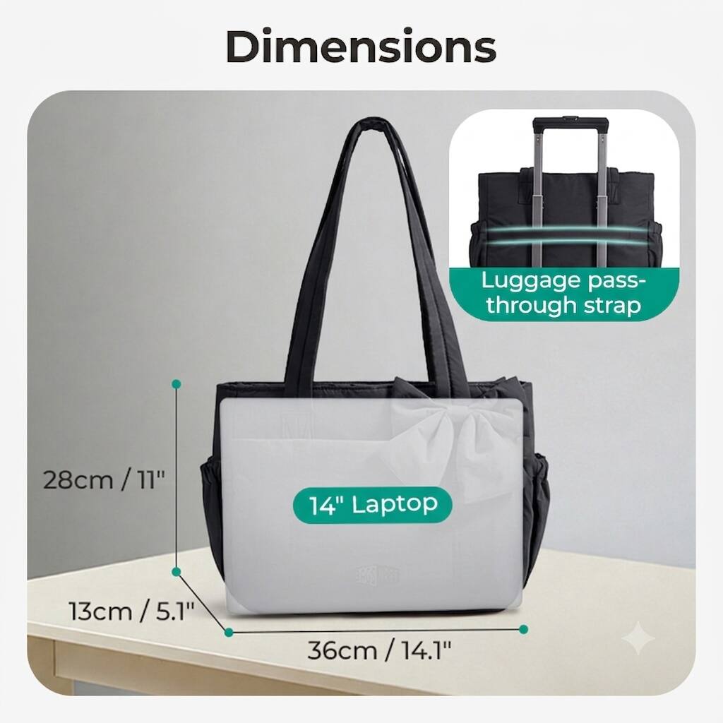 Dimensions  
Luggage pass-through strap: 28cm / 11"  
Laptop: 13cm / 5.1" x 36cm / 14.1"