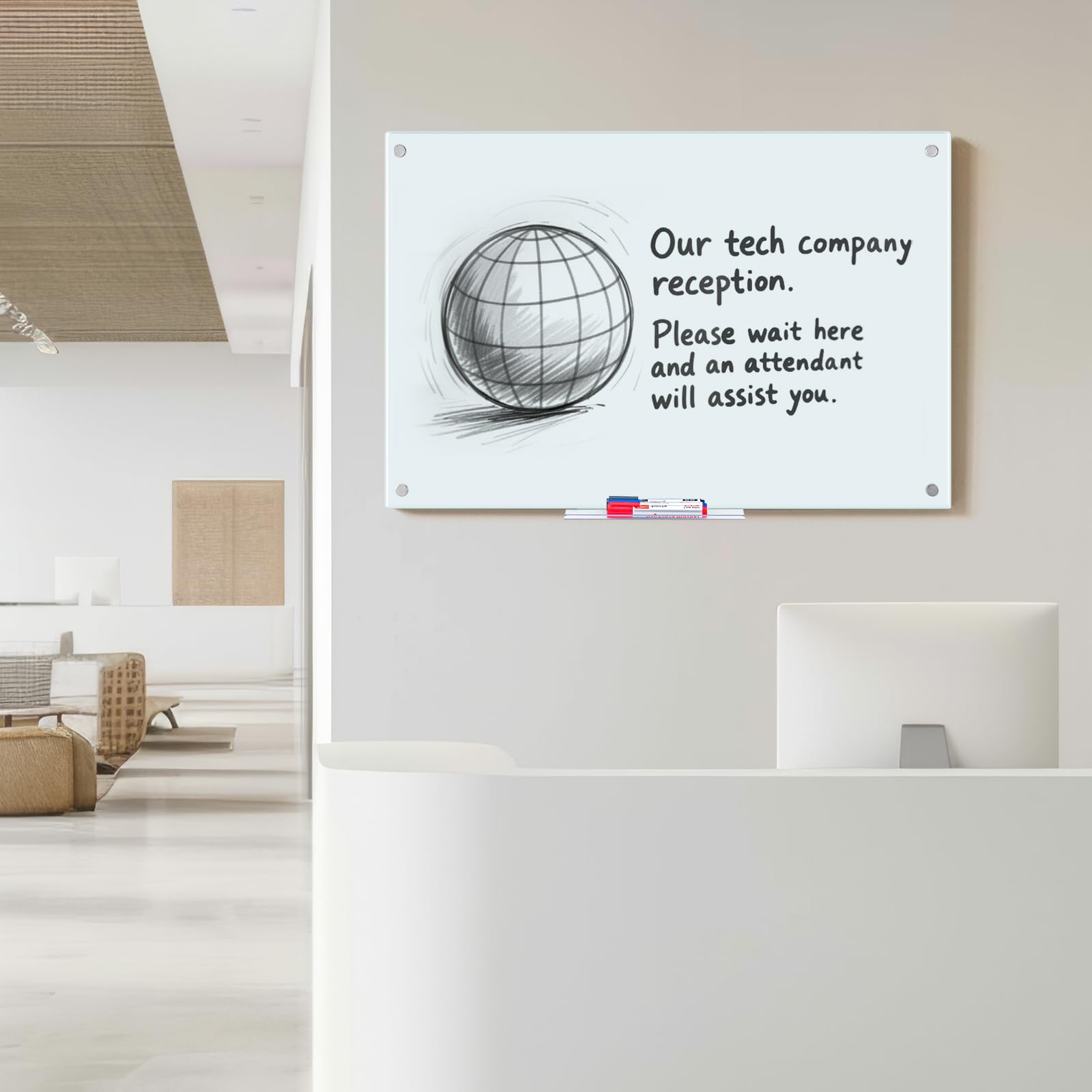 Our tech company reception.  
Please wait here and an attendant will assist you.