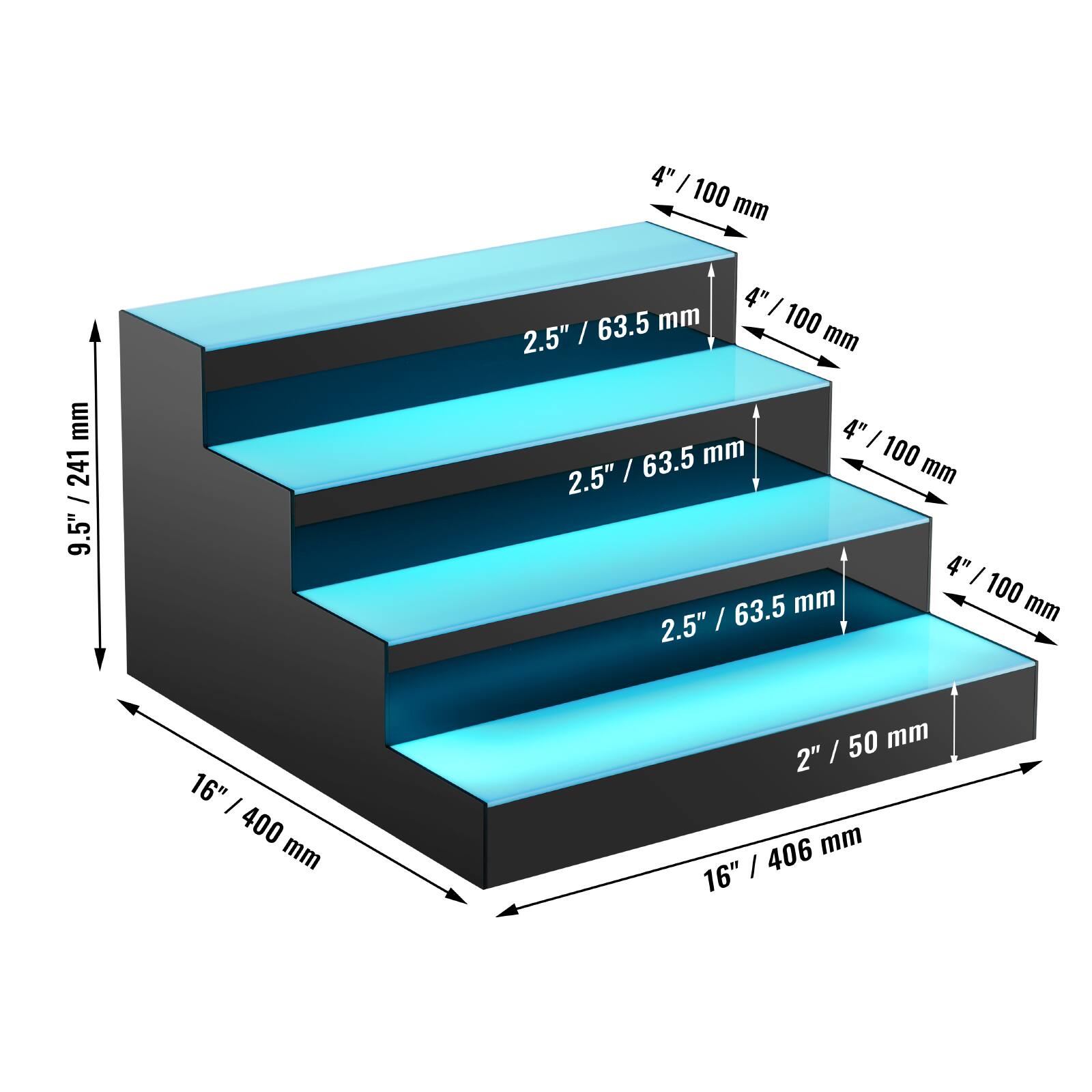 - 4" / 100 mm
- 2.5" / 63.5 mm
- 2" / 50 mm
- 16" / 400 mm
- 16" / 406 mm
- 9.5" / 241 mm