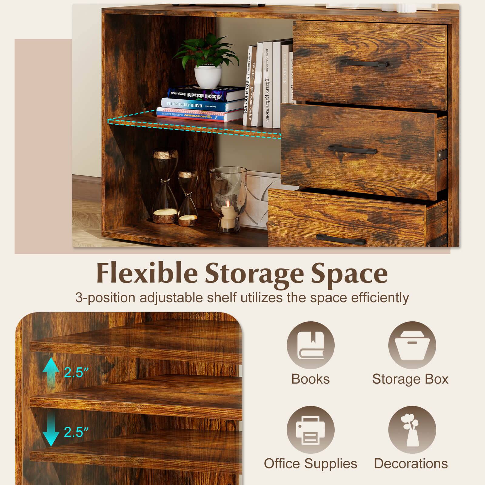 Flexible Storage Space  
3-position adjustable shelf utilizes the space efficiently  

- 2.5"  
- 2.5"  

Books  
Storage Box  
Office Supplies  
Decorations