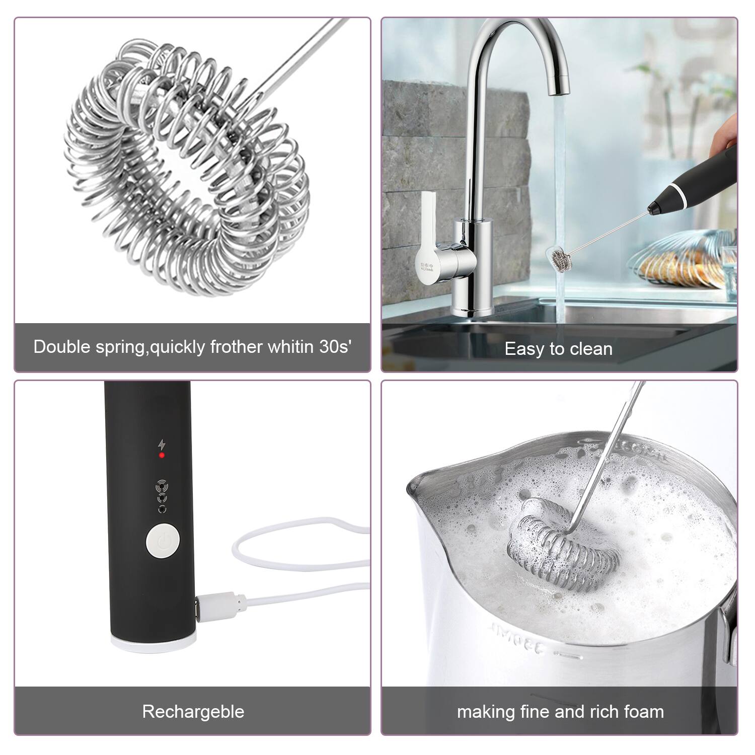 Double spring, quickly frother within 30s, easy to clean, rechargeable, making fine and rich foam